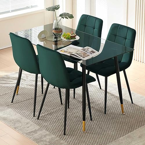 Miniatura 4 de Juego de 4 sillas de comedor de terciopelo, sillas de comedor verdes con patas de metal, ideales para cocina, comedor, sillas de cocina para 4