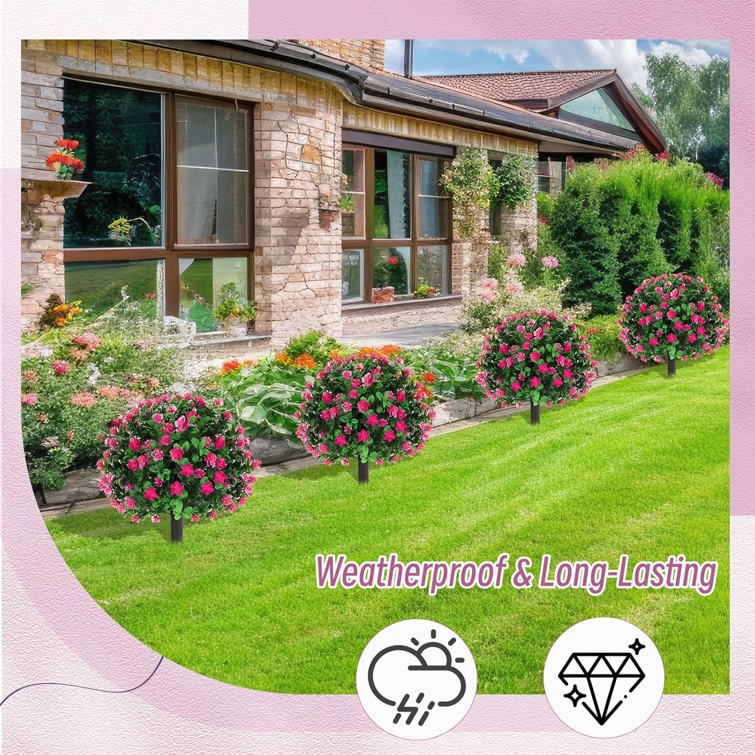 Yunlly Set of 6 Artificial Boxwood Topiary Ball Tree 16 Inch Outdoor Topiary Tree with Flower Fake Bushes, UV Resistance Faux Shrubs Evergreen Plant with Spike for Front Porch Indoor Decor (Pink) - Image 7