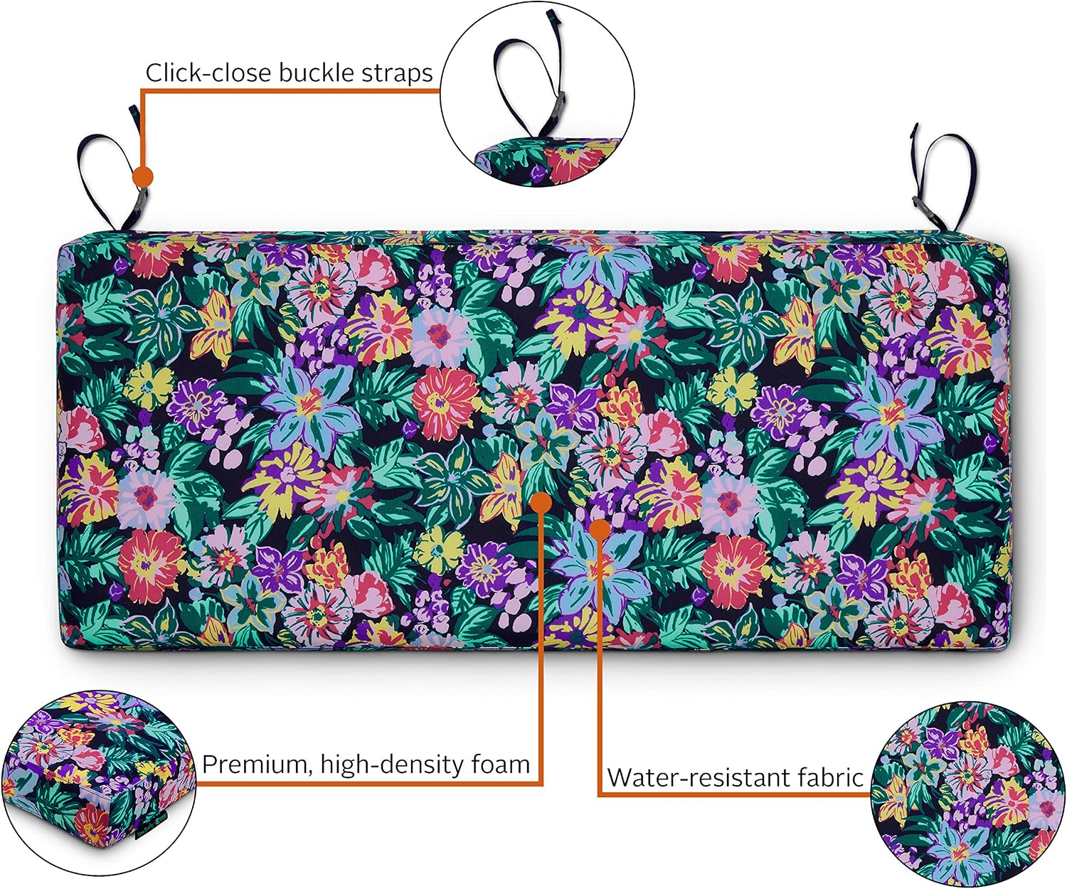 Classic Accessories Vera Bradley Water-Resistant Patio Bench Cushion, 54 x 18 x 3 Inch, Happy Blooms, Patio Furniture Cushions
