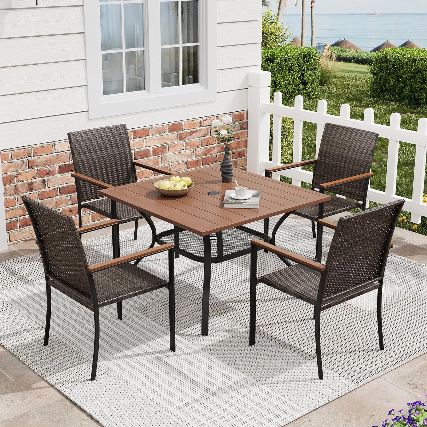 5 Pieces Outdoor Dining Set, Patio Furniture Set Includes 37.8" Square Metal Dining Table with Umbrella Hole and 4 Stackable Rattan Chairs for Balcony, Porch, Backyard, Brown