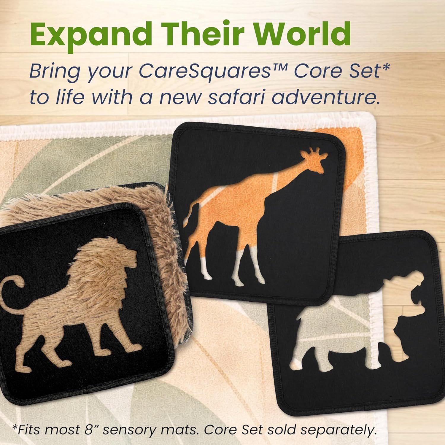 CareSquares 9pc Sensory Mats Expansion Pack - Safari Wildlife Animal Shape Overlays + Shaggy Texture Mat & Safari Story Learning Activity, Fits Most 8” Mats for Autism, Toddler Toys, Sensory Walls