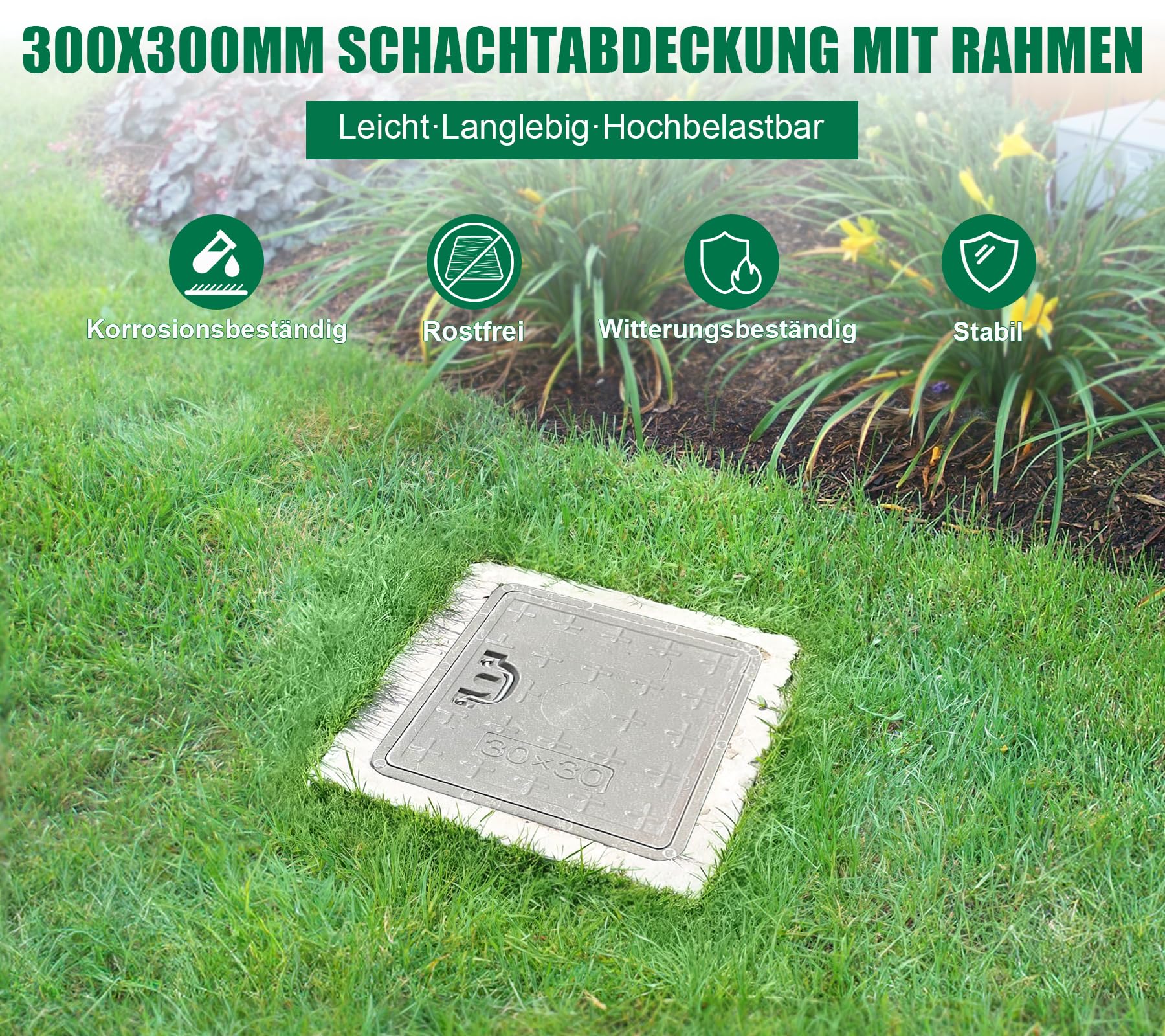 GFK-Schachtabdeckung mit Rahmen Griff 300x300 mm A15 Begehbar Schachtdeckel Kanaldeckel Revisionsschacht für Gehweg Grünfläche UV-Beständig Frostbeständig Korrosionsbeständig Rutschfest Grau