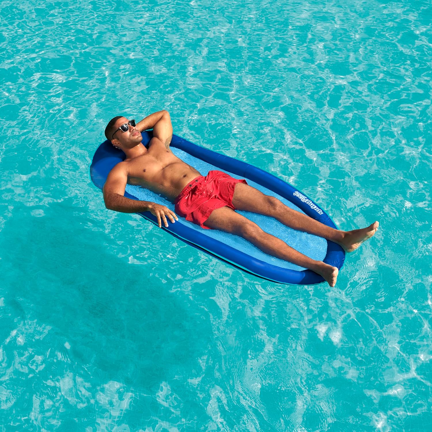 SwimWays Spring Float Original Pool Lounge Chair, Inflatable Pool Floats Adult with Fast Inflation & Head Rest for Ages 15 & Up, Blue