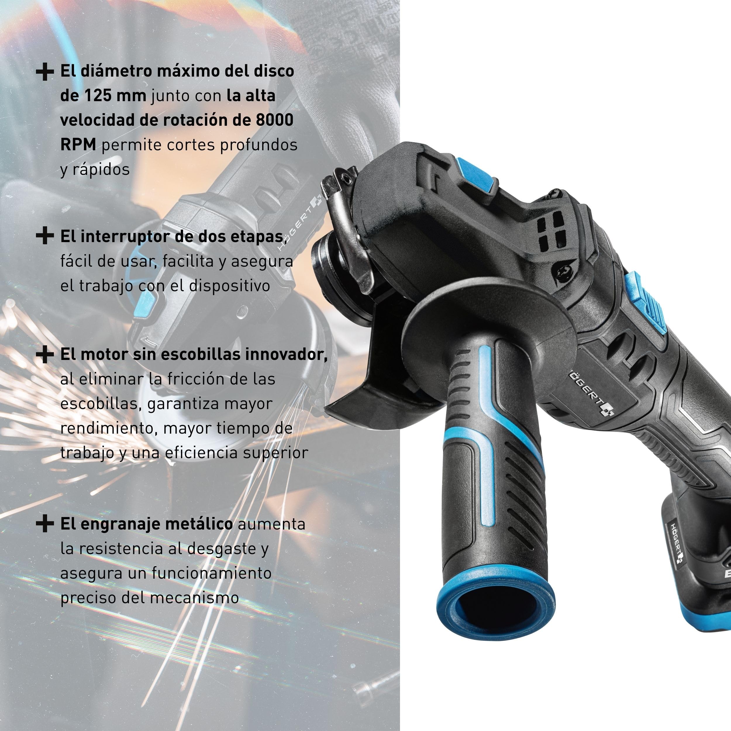 HÖGERT TECHNIK - Juego de herramientas eléctricas a batería 18 V Taladro percutor Martillo perforador SDS+ Amoladora angular 125 mm 2 baterías de 4 Ah Cargador de 4 A Juego de herramientas