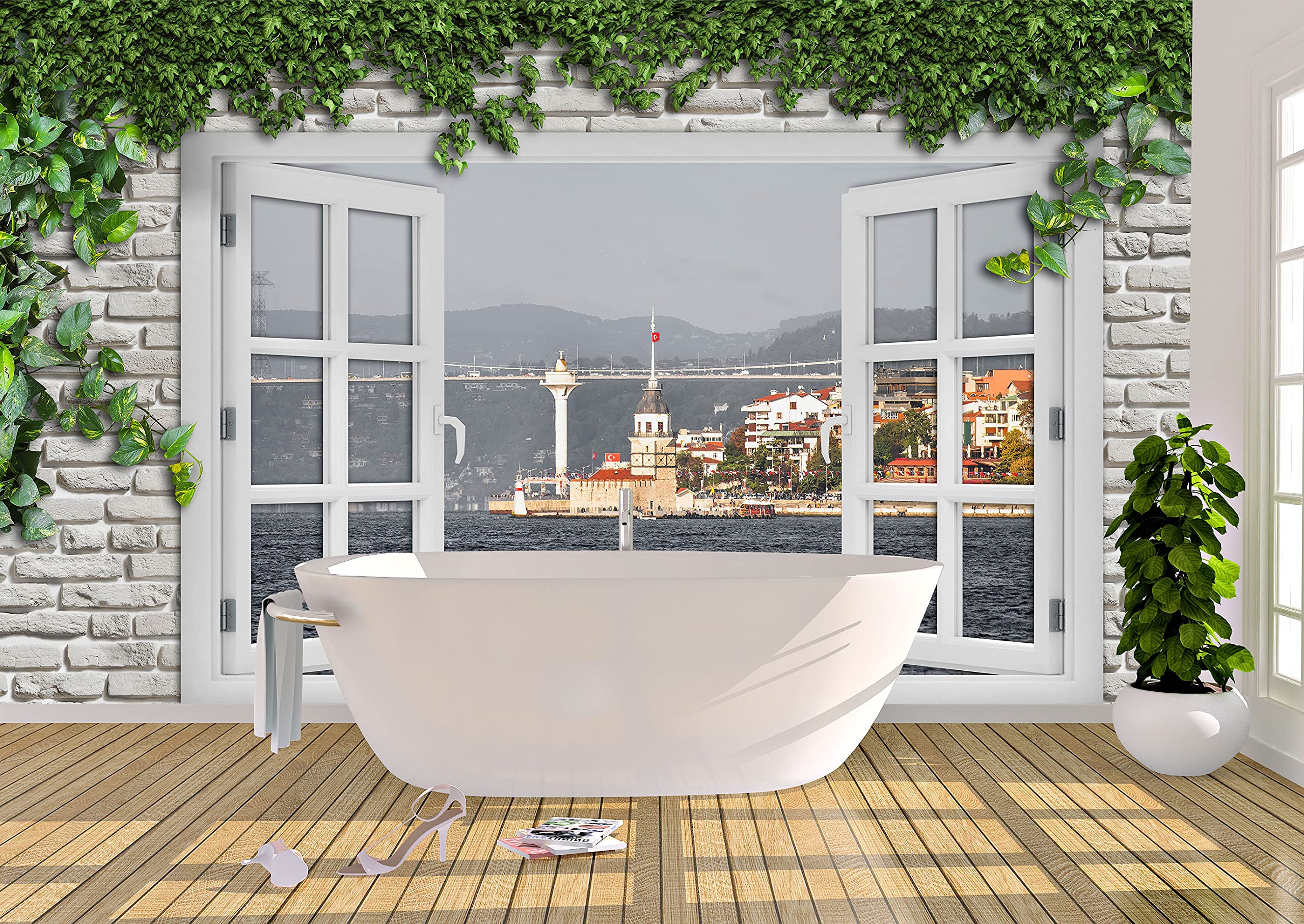 Oedim Fotomural Vinilo Adhesivo Ventana y Mar, Vinilo Adhesivo Decorativo para Habitaciones, decoración para Paredes, Vinilo Adhesivo