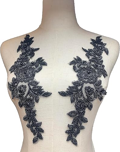 Heyiwell 1 par de apliques de encaje bordado de flores de encaje bordado 3D negro hecho a mano, parches de encaje con cuentas florales para costura,