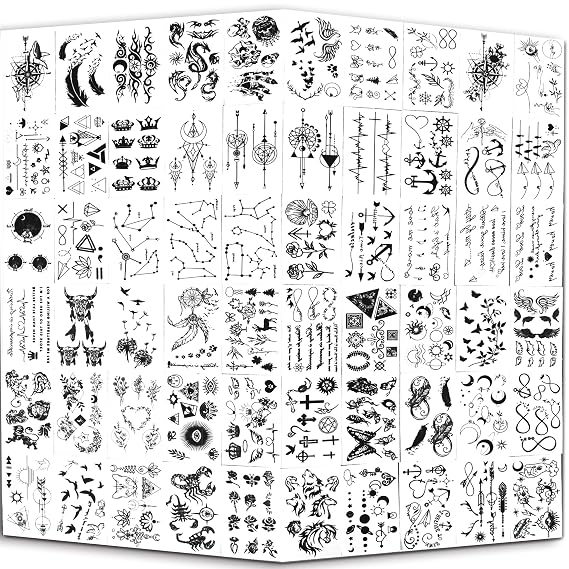 Yazhiji Tiny Waterproof Temporary Tattoos - 60 Sheets, Moon Stars Constellations Music Compass Anchor Words Lines Flowers for Kids Adults Men and Women