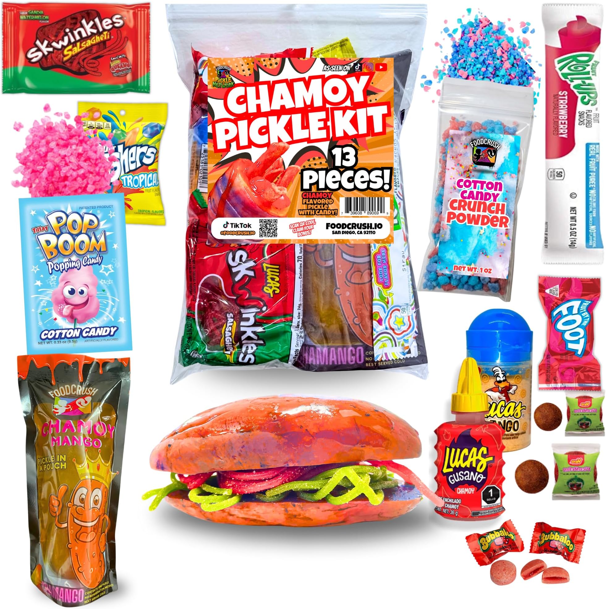 Chamoy Pickle Kit-Mexican Candy Gift Box | Variety Candy Pack with Chamoy Pickles Single Pouch, chamoy powder sauce 2 sour gummies salsaghetti-Birthday Gifts For Kids-Dulces Mexicanos-Tiktok Candy