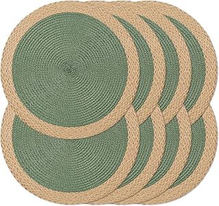Noctiflorous Round Placemats Set of 8, 15 Inch Braided Hand Woven Table Mats, Heat Resistant Non-Slip Wipeable Wide Edge Place Mats for Kitchen Dining Indoor Outdoor Use(Green, 8)