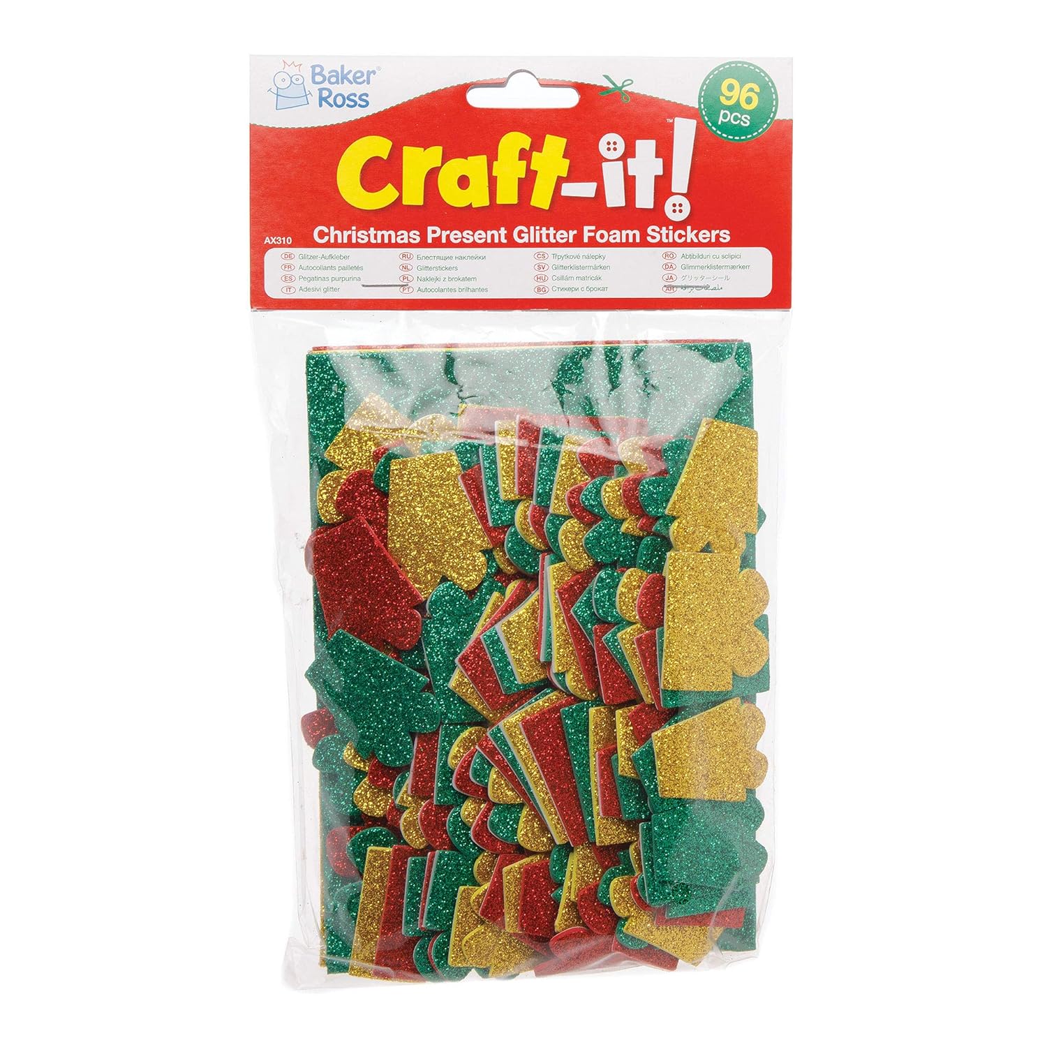 Baker Ross AX310 Christmas Present Glitter Foam Stickers - Pack of 96, Kids Stickers, Ideal for Christmas Arts and Crafts Projects, Great for Card Making and Scrapbooking