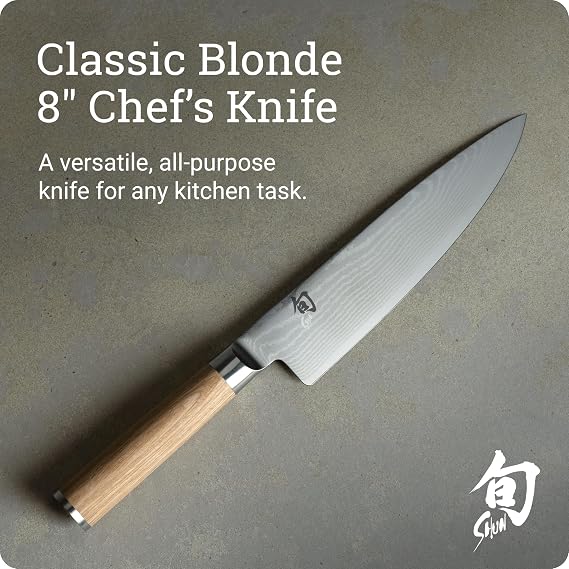 Shun Classic Blonde 8 Chef's Knife, Handcrafted Japanese Kitchen Knife for Professional and Home Chefs, VG-MAX Core with Damascus Stainless Steel Cladding, Pakkawood Handle | Handcrafted Japanese Kitchen Knife, VG-MAX Core, Damascus Stainless Steel Cladding, Pakkawood Handle