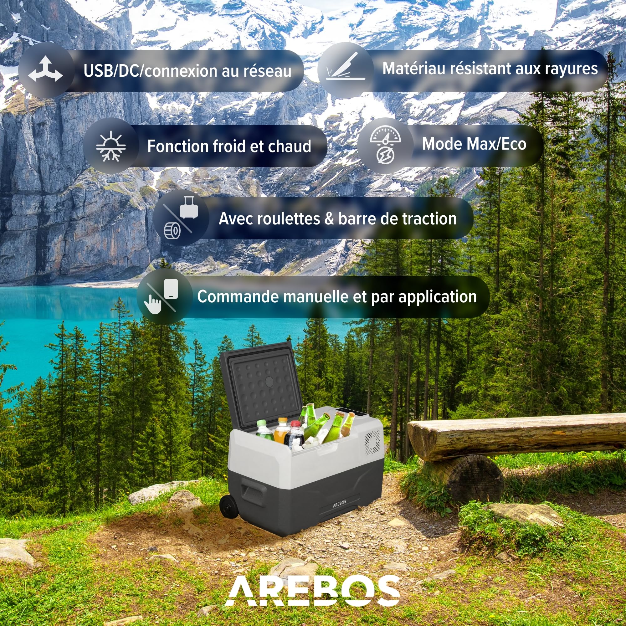 Arebos Glacière à Compresseur 27 L avec roulettes | Réfrigérateur & Congélateur Portable -20 °C | Commande Intelligente par App | USB | 12/24 V & 230 V | Idéale Voiture, Camion, Camping, Bateau