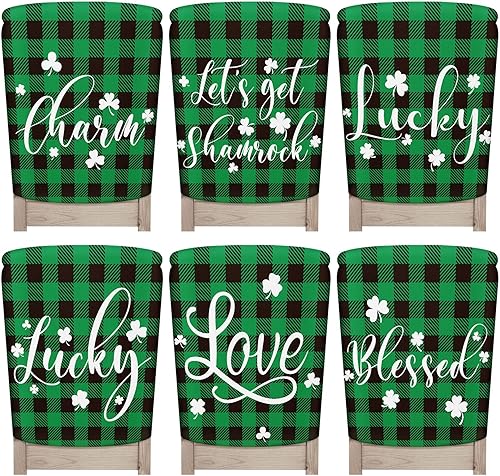 6 fundas para silla de respaldo del día de San Patricio diseño de búfalo a cuadros trébol de la suerte bendecido de primavera elástico lavable