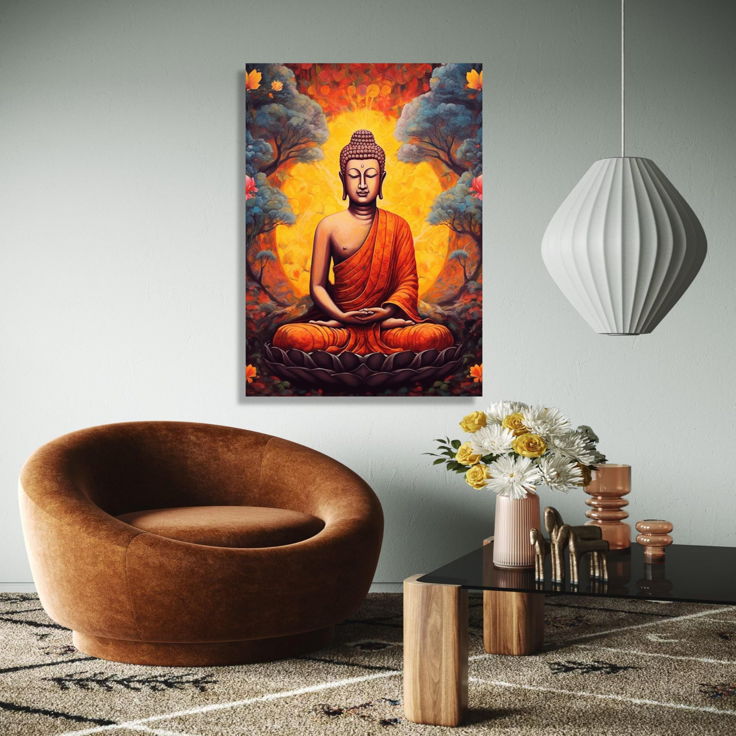 Quadro su tela raffigurante il Buddha meditativo, decorazione per meditazione spirituale, dipinto del Buddha in veste arancione, arredamento zen per la casa, stampa poster (50x70 cm/cornice interna)