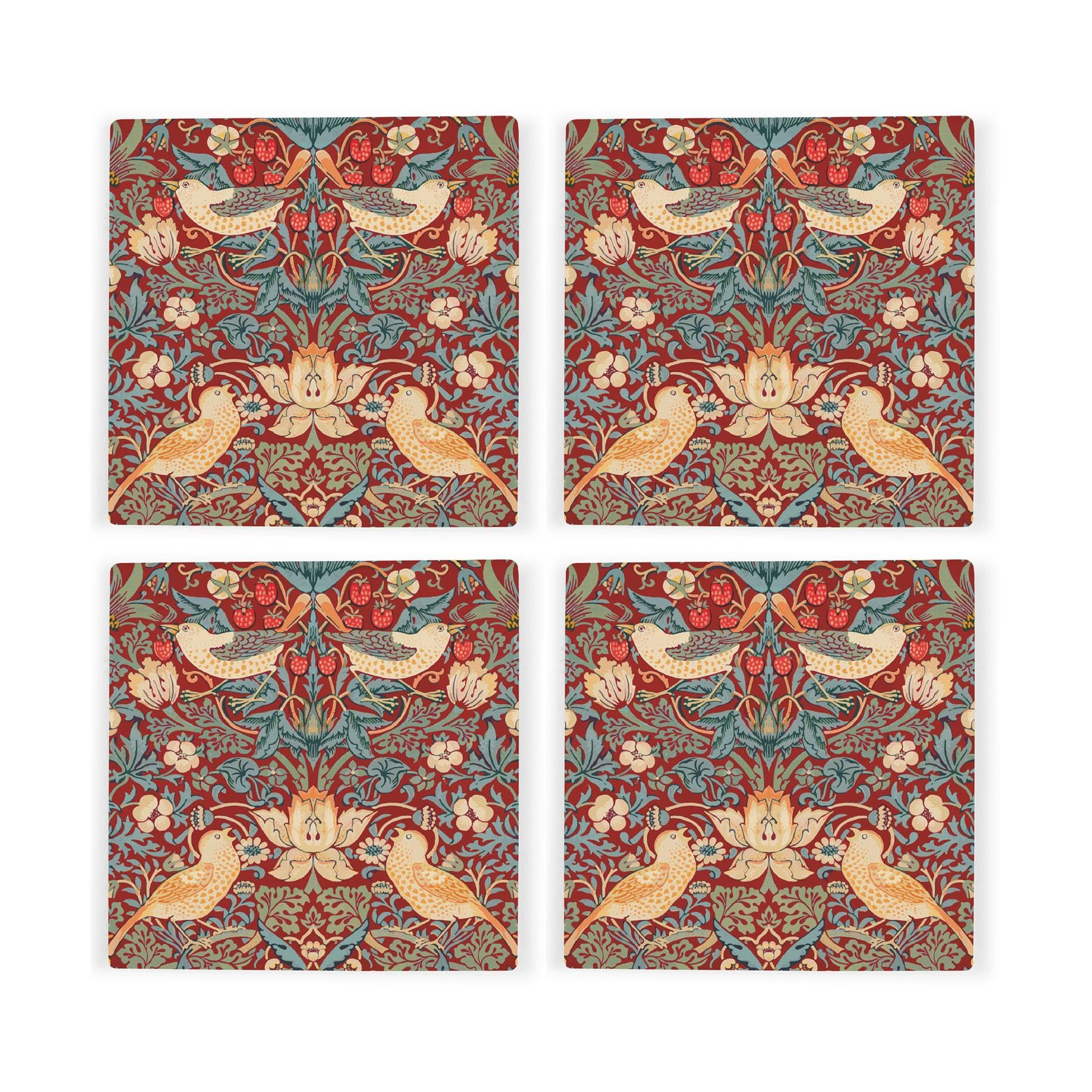 Red Strawberry Thief Ceramic Coaster Set - William Morris Artwork Gifts - Square Set of Four (4) Coasters
