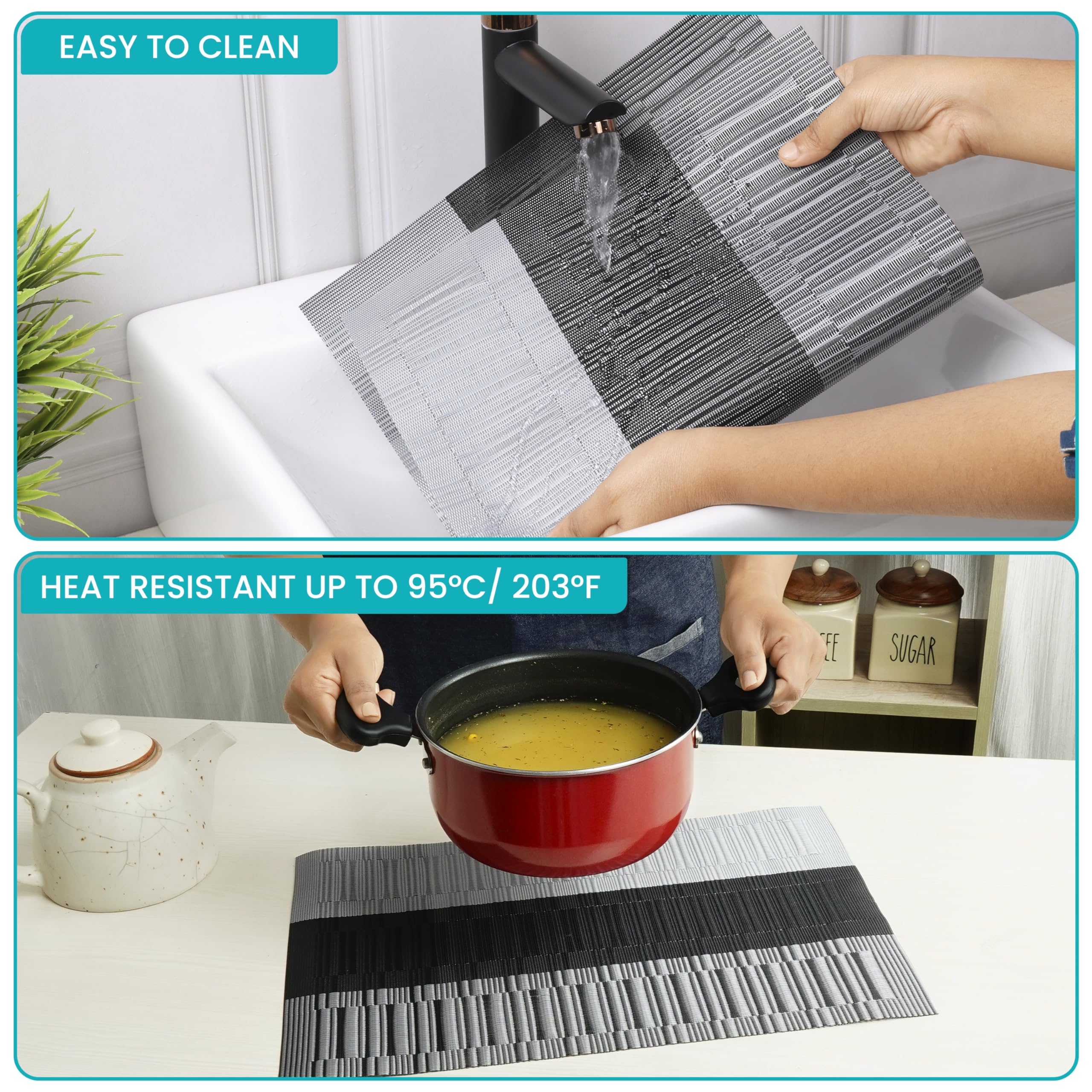 Belle Vous 6 Pack of Grey & Black Placemats, PVC Non-Slip, Tear-Resistant & Washable Place Mats, Easy To Clean - Image 4