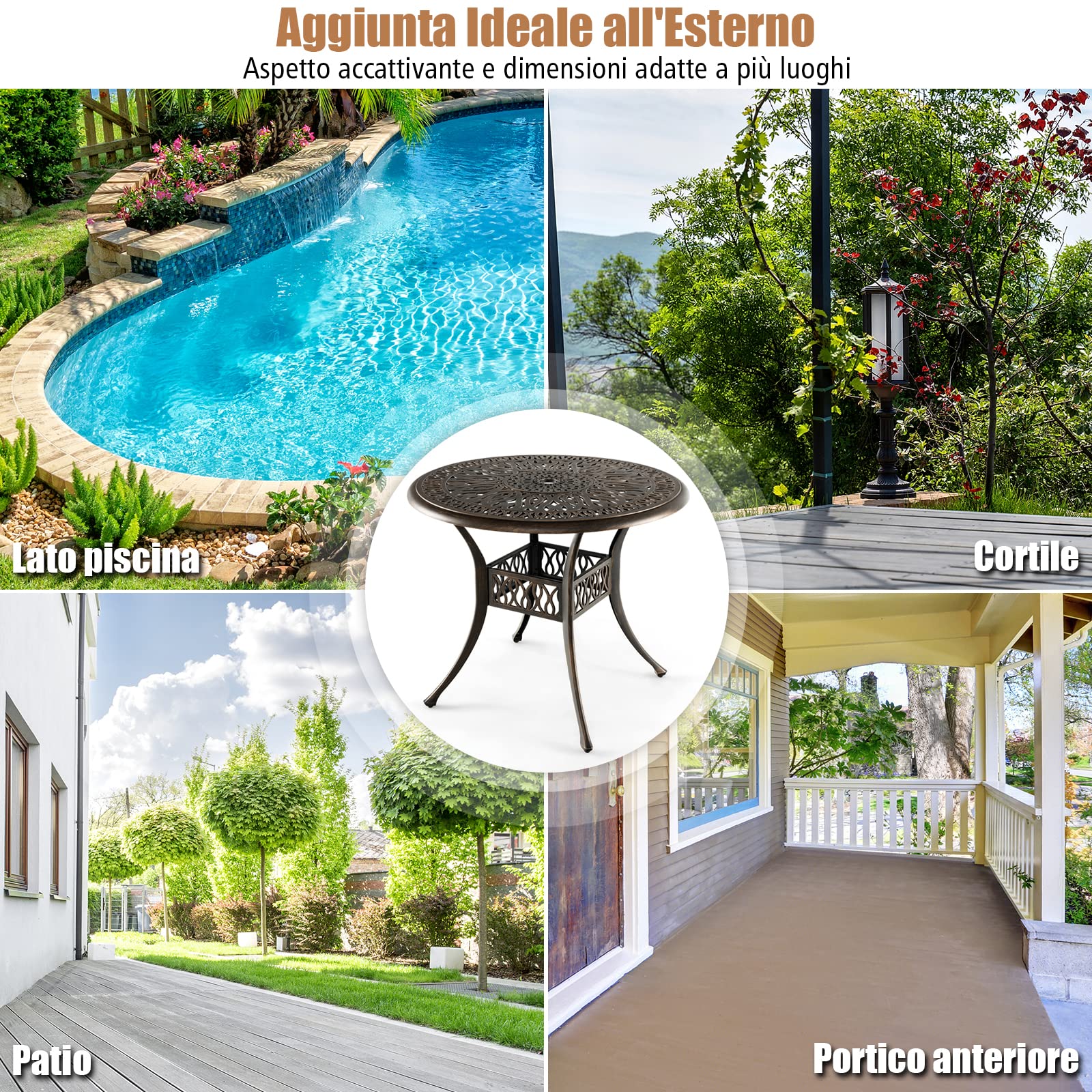 COSTWAY Tavolo da Pranzo 90 cm, con Foro per Ombrellone 5 cm | Tavolo da Esterno in Alluminio, Piedini Regolabili, Mobile Rotondo da Giardino Esterno, 90 x 74 cm