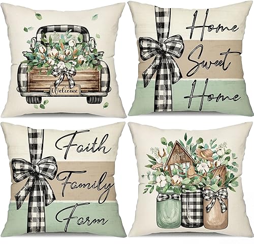 DFXSZ Fundas de almohada de granja de 20 x 20 pulgadas, juego de 4 fundas de almohada de hojas de eucalipto, decoración de camión, dulce hogar,