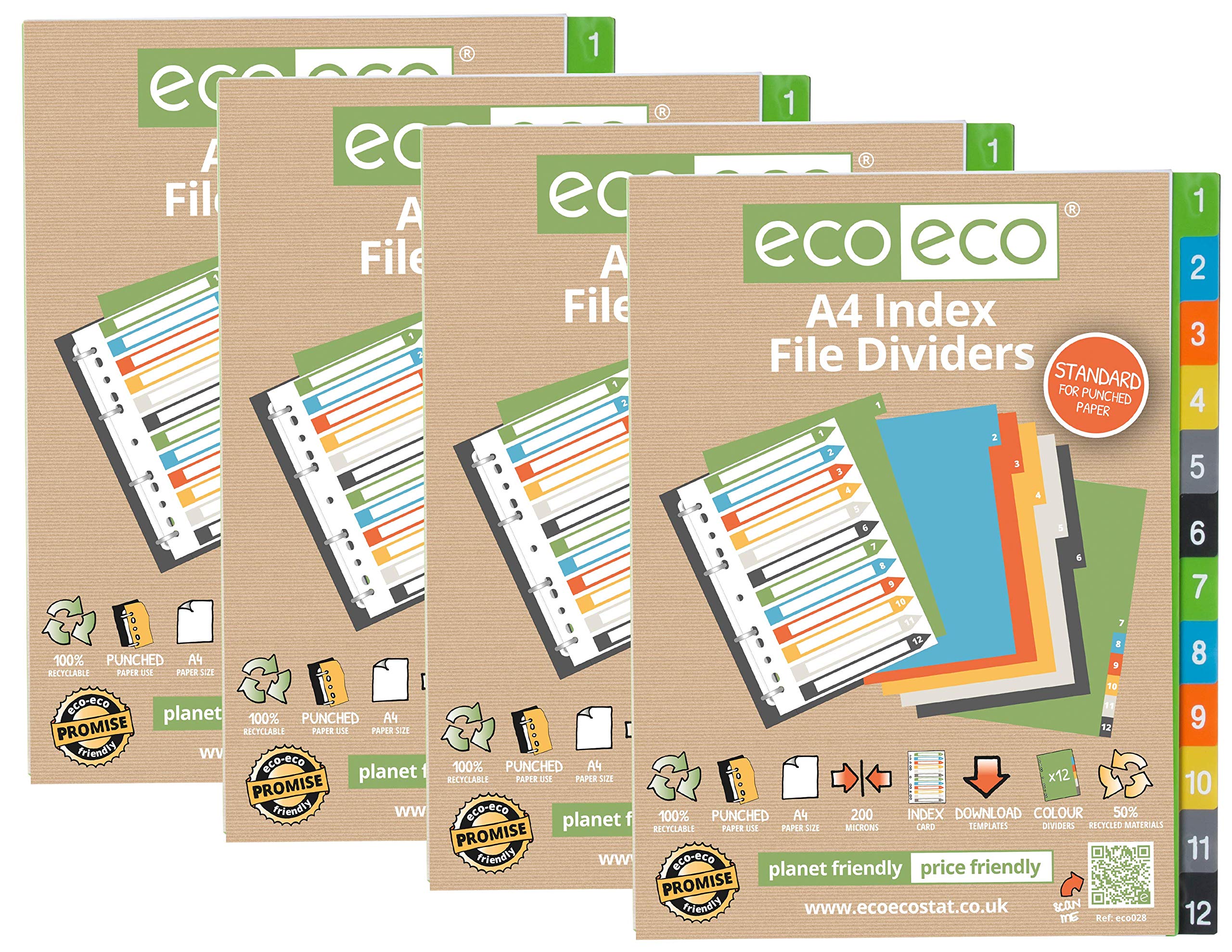 eco-ecoA4 50% Recycled Multipunched Reinforced Colour Recycled Set 12 Index File Dividers 200mic (Pack of 4), eco028x4