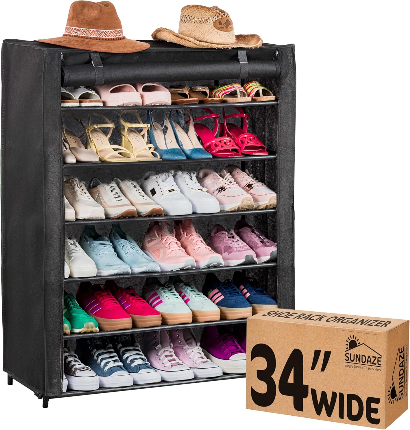 Sundaze Shoe Rack with Cover – 6 Tier Shoe Rack for Front Door Entrance, Sturdy Tall Shoe Organizer for Bedroom, Closet, Garage, Non Woven Fabric Shelf, Black, Holds Up to 30 Pairs