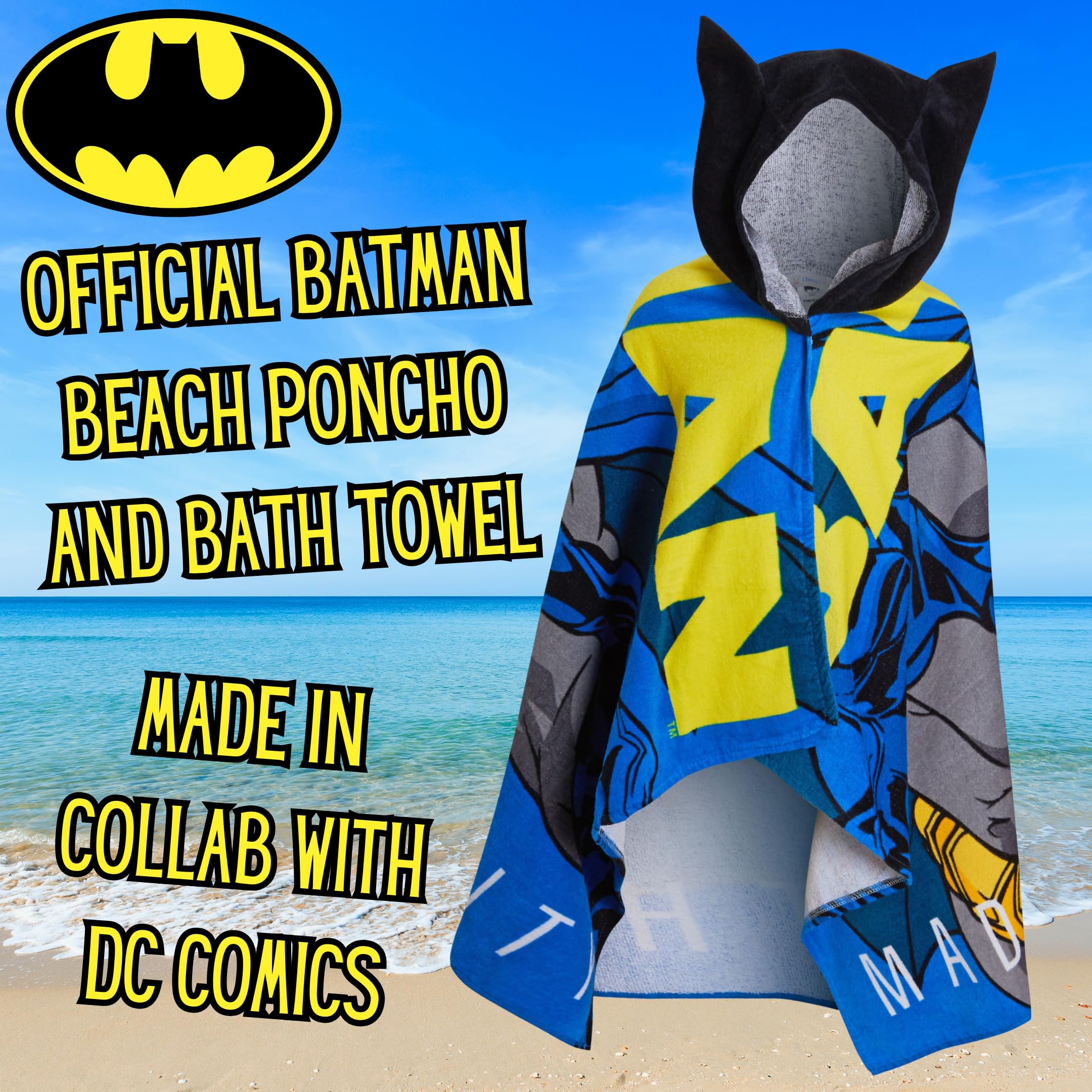 DC Comics Asciugamano con cappuccio Batman 100% cotone Poncho per bambini Asciugamano da spiaggia per ragazzi Asciugamano da bagno Copertura per nuotare Accappatoio