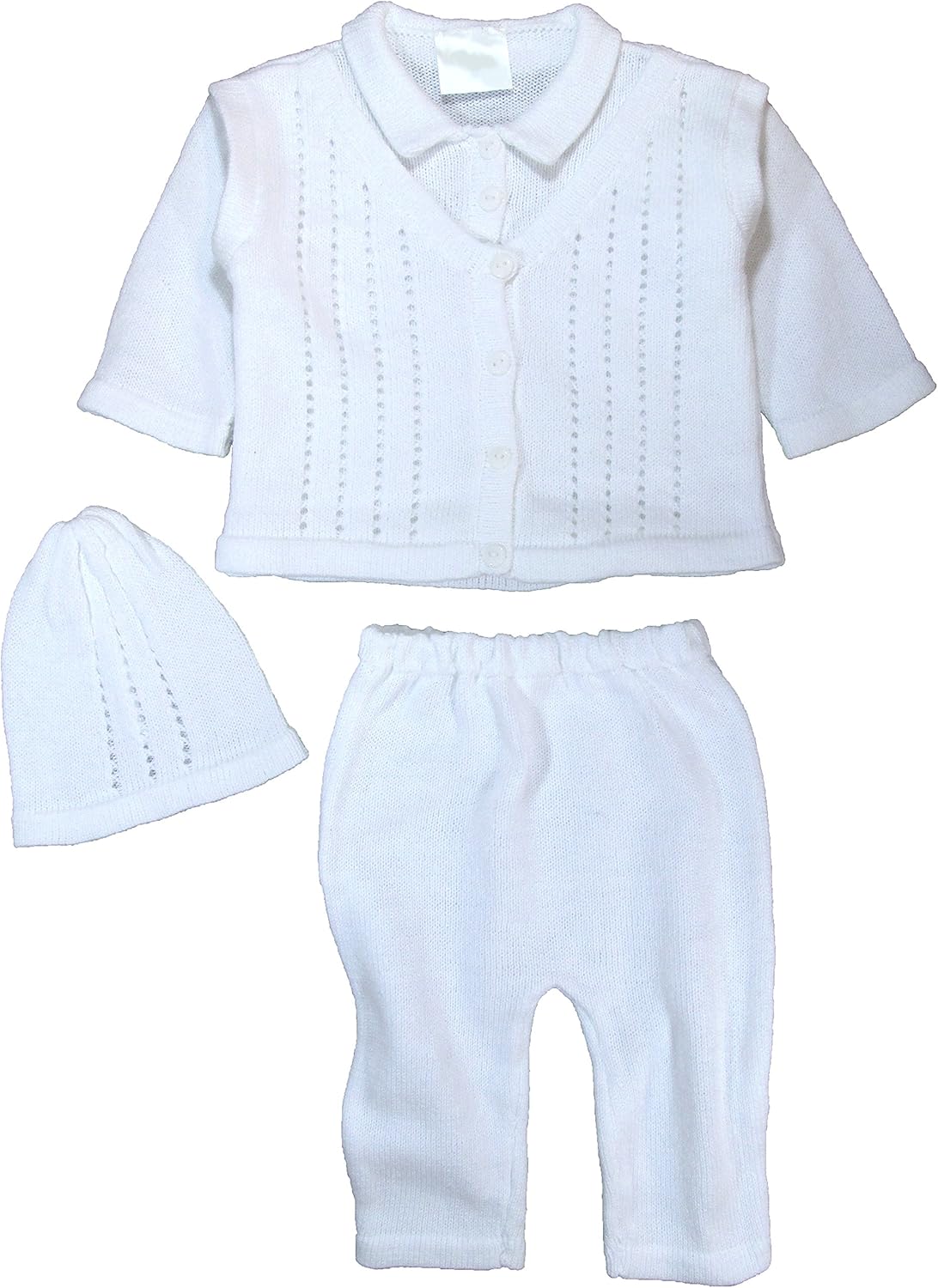 Little Things Mean A Lot 100% Cotton Knit Boys Infant 3 Piece Collared V-Neck Sweater, Pants & Cap