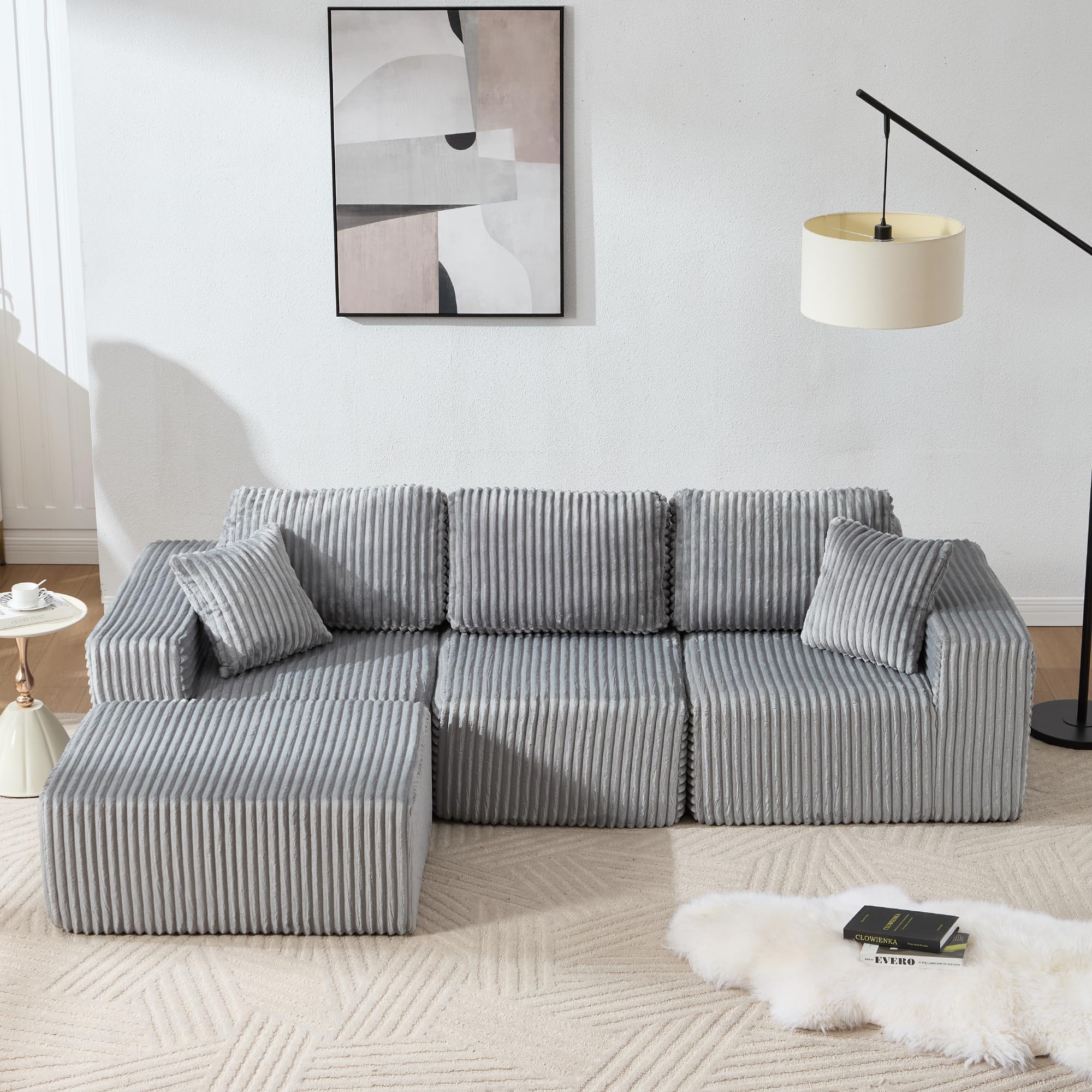 101.5'' modular sectional sofa, cloud sectional couch with deep seat, comfy fluffy l shaped couches, memory foam sofa with 1 ottoman, corduroy boneless couch, no assembly required, light gray (chaise only)