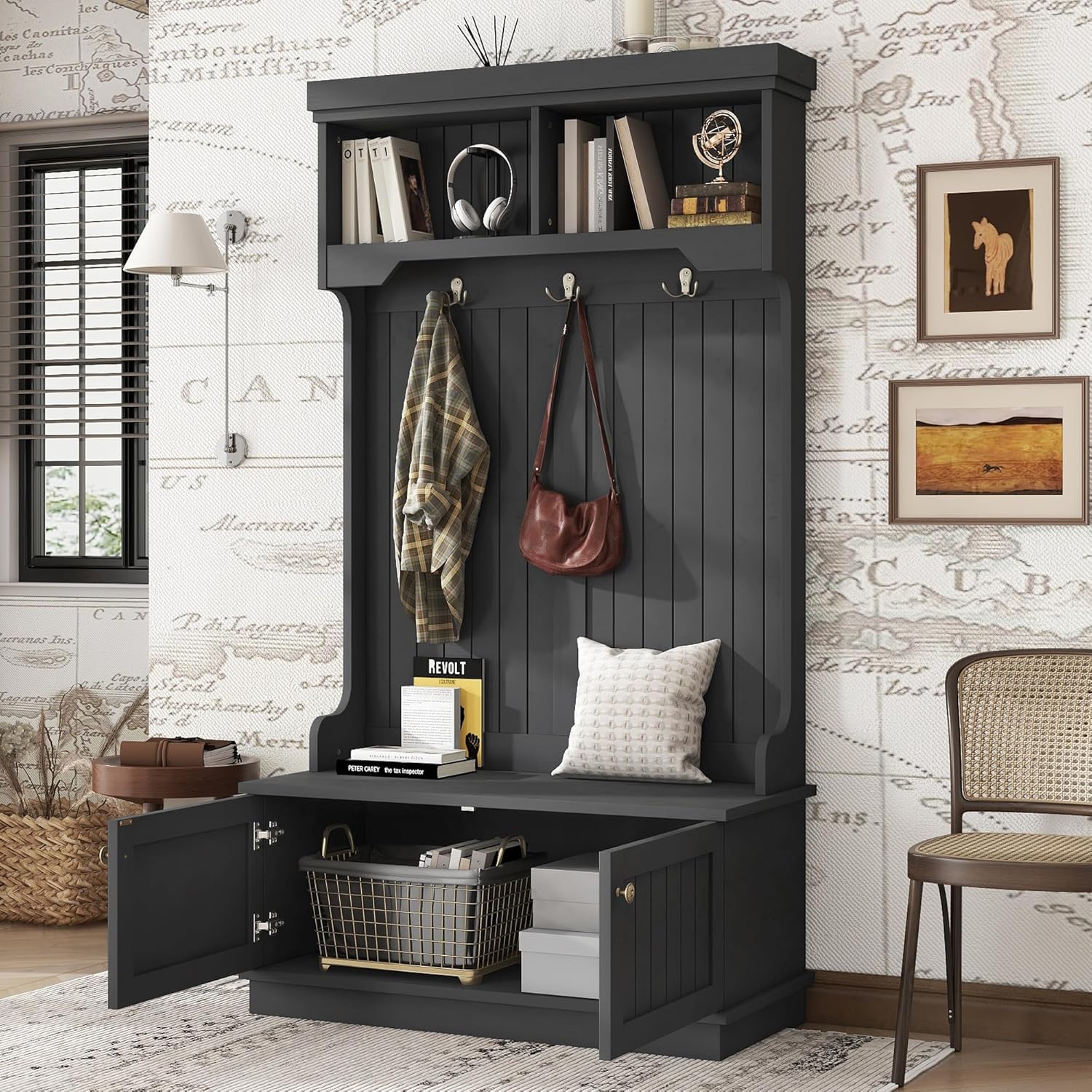Farmhouse Hall Tree with Bench and Shoe Storage,Garage Lockers with Benches,Mud Room Bench with Storage and Seating(Black)