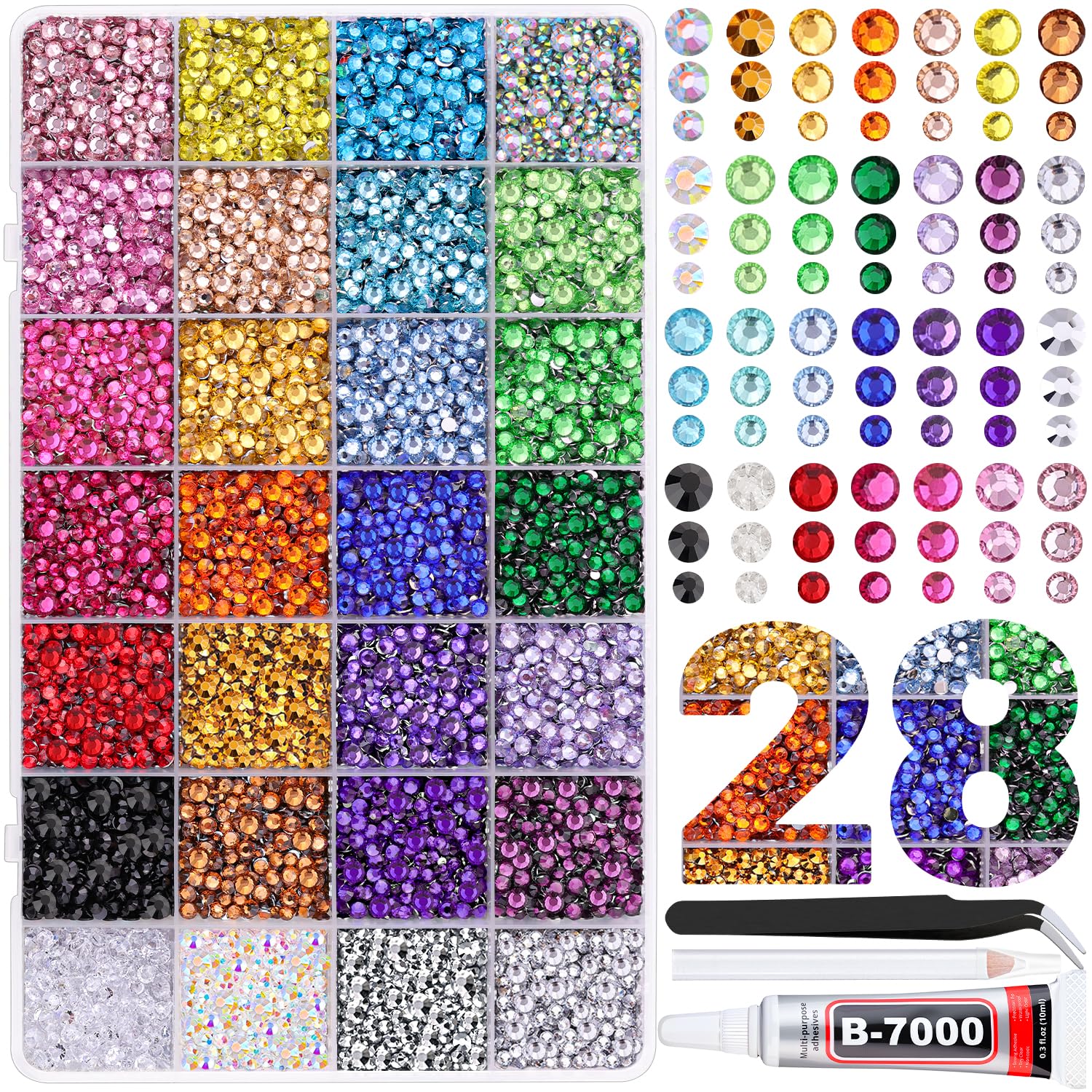 20000Pcs Resin Rhinestones for Crafting, Multicolor 3/4/5mm Flacktback Gems with 1Pcs B7000 Jewelry Glue, Bedazzling Crystal for DIY Crafts Clothing Tumblers Mugs Shoes Fabric Nail Art