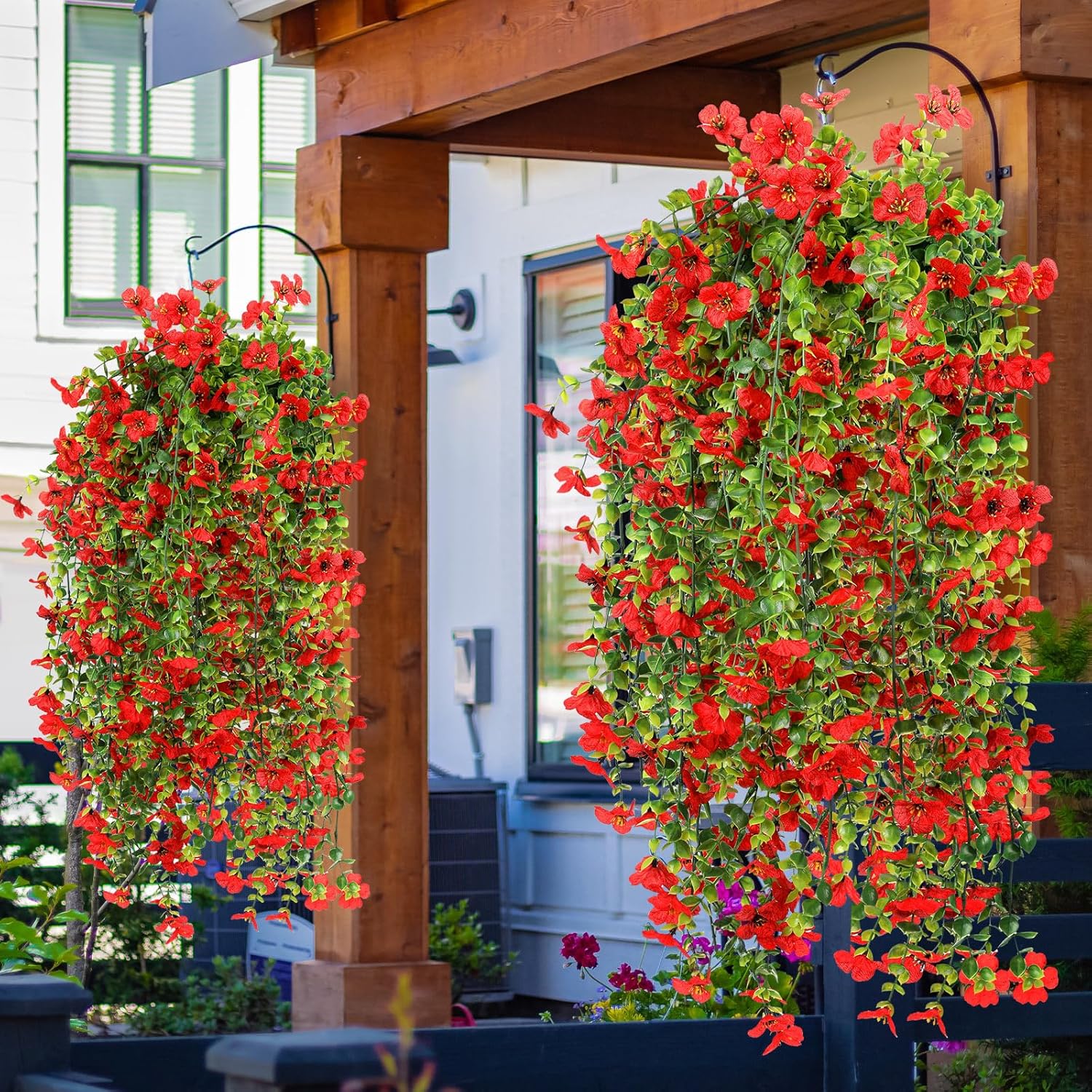 6 Pcs Spring Artificial Hanging Flowers Outdoor Faux Silk Mum Plant Decor Violet with Eucalyptus Realistic UV Resistant Trailing Vine Spring Porch Yard(Red,Violet) - Image 3