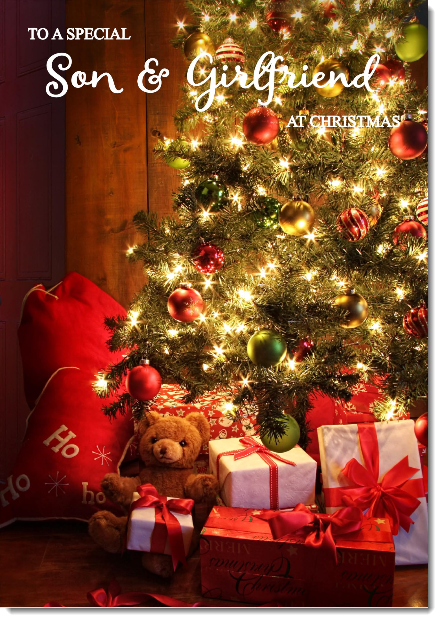 doodlecards Son and Girlfriend Christmas Card Teddy by Christmas Tree Large A4 Size Christmas Card for Son & Girlfriend with Plain Envelope โ image 1