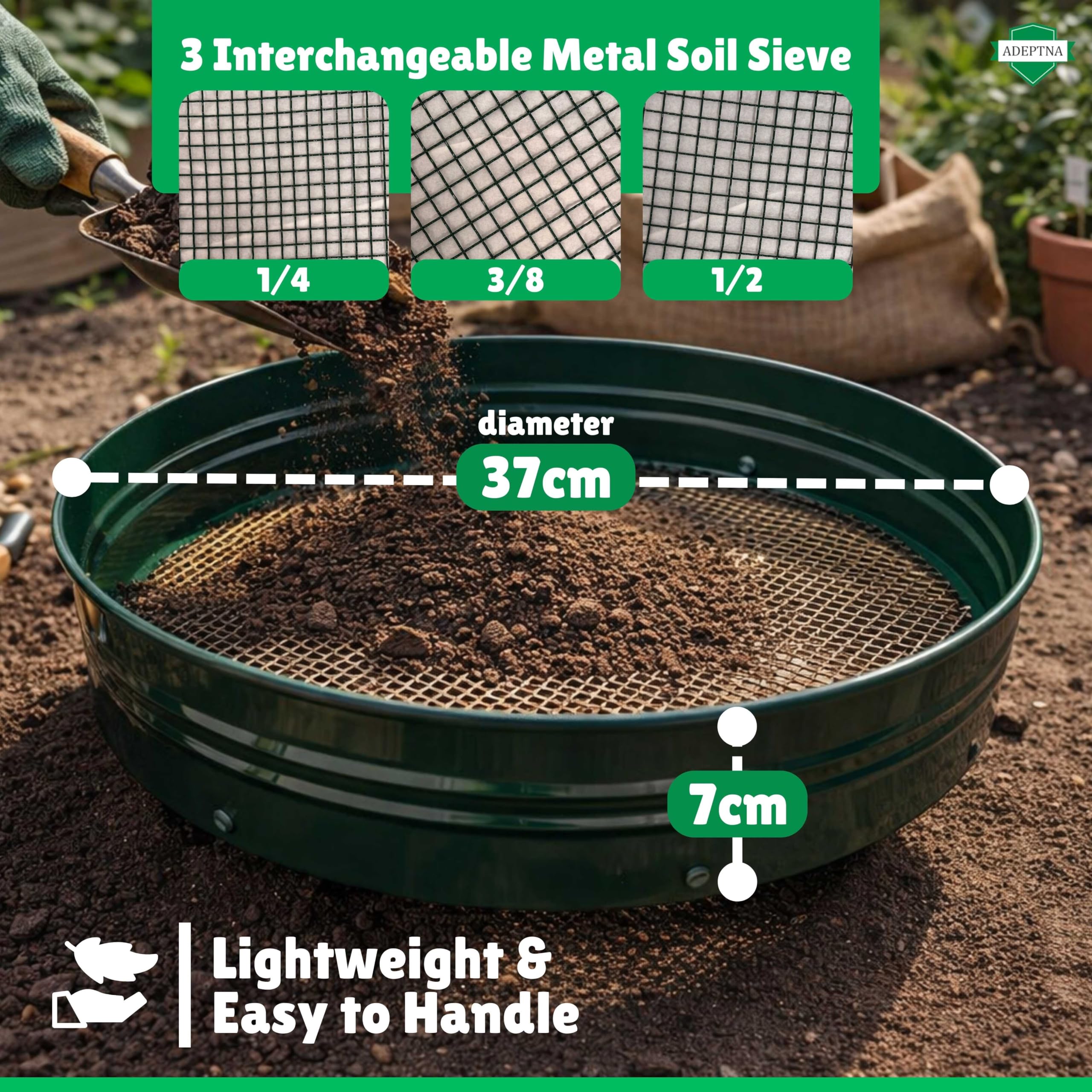 ADEPTNA Metal Garden Soil Sieve Riddle with Interchangeable Mesh 1/4 3/8 1/2 Inch Heavy Duty Steel Frame Compost Soil Stone Sifter for Gardening Lawn Planters (3 in 1) - 5