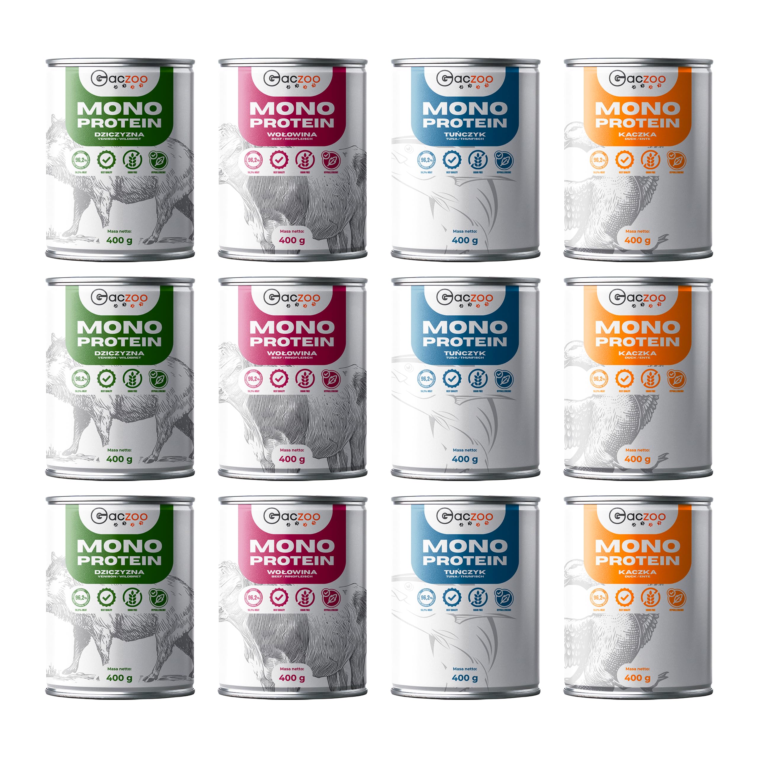 Nourriture pour Chiens - Pate Chien – Lot de 12 avec 4 Saveurs : Canard, Bœuf, Sanglier, Thon – Forte Teneur en Viande, sans Céréales, sans Additifs Artificiels