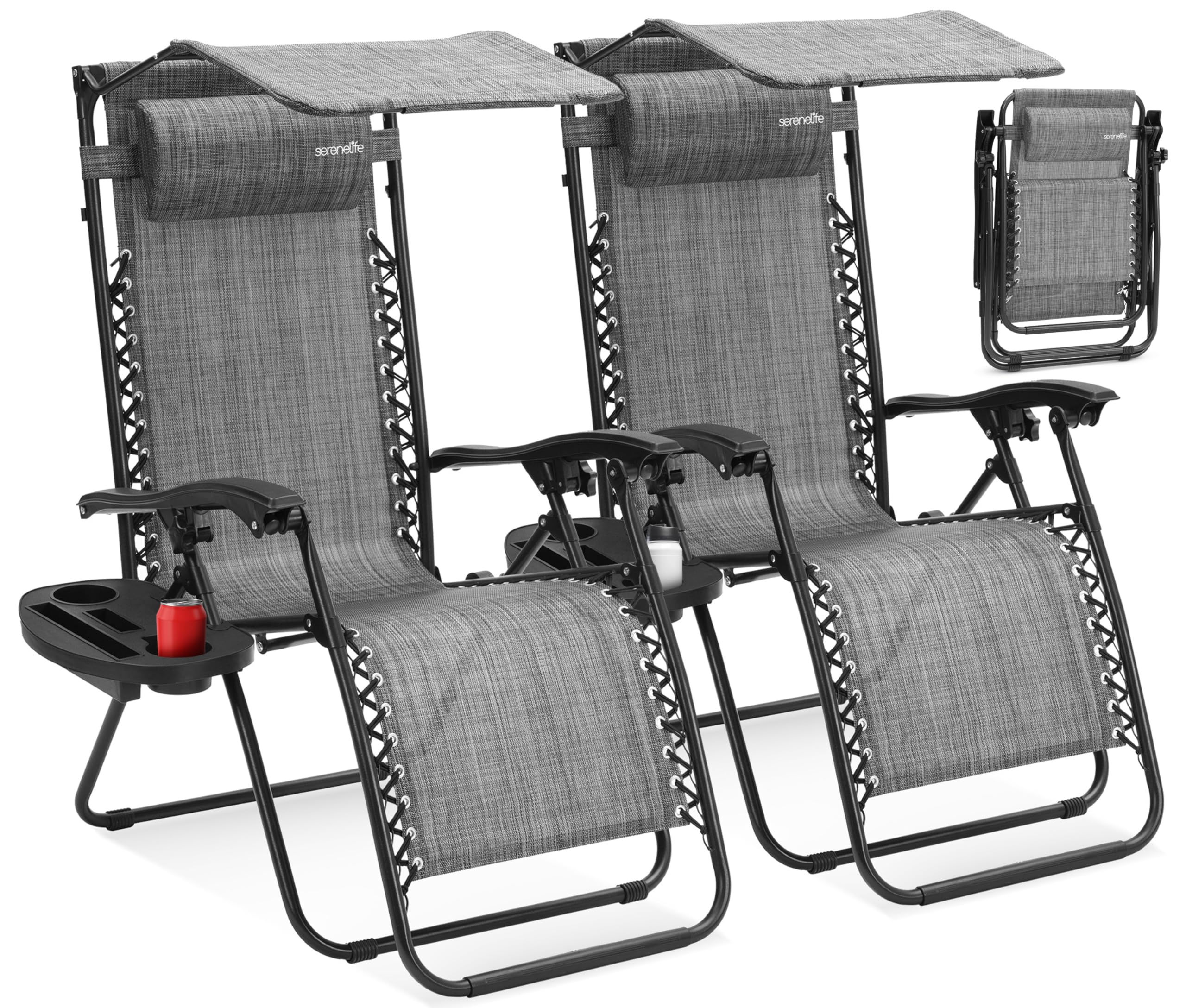 SereneLife Set de 2 Chaises Pliantes - Chaise Longue Réglable pour Extérieur avec Table Latérale, Visière Pare-Soleil, Porte-Gobelets, Oreillers Amovibles - Patio, Jardin, Plage - Gris