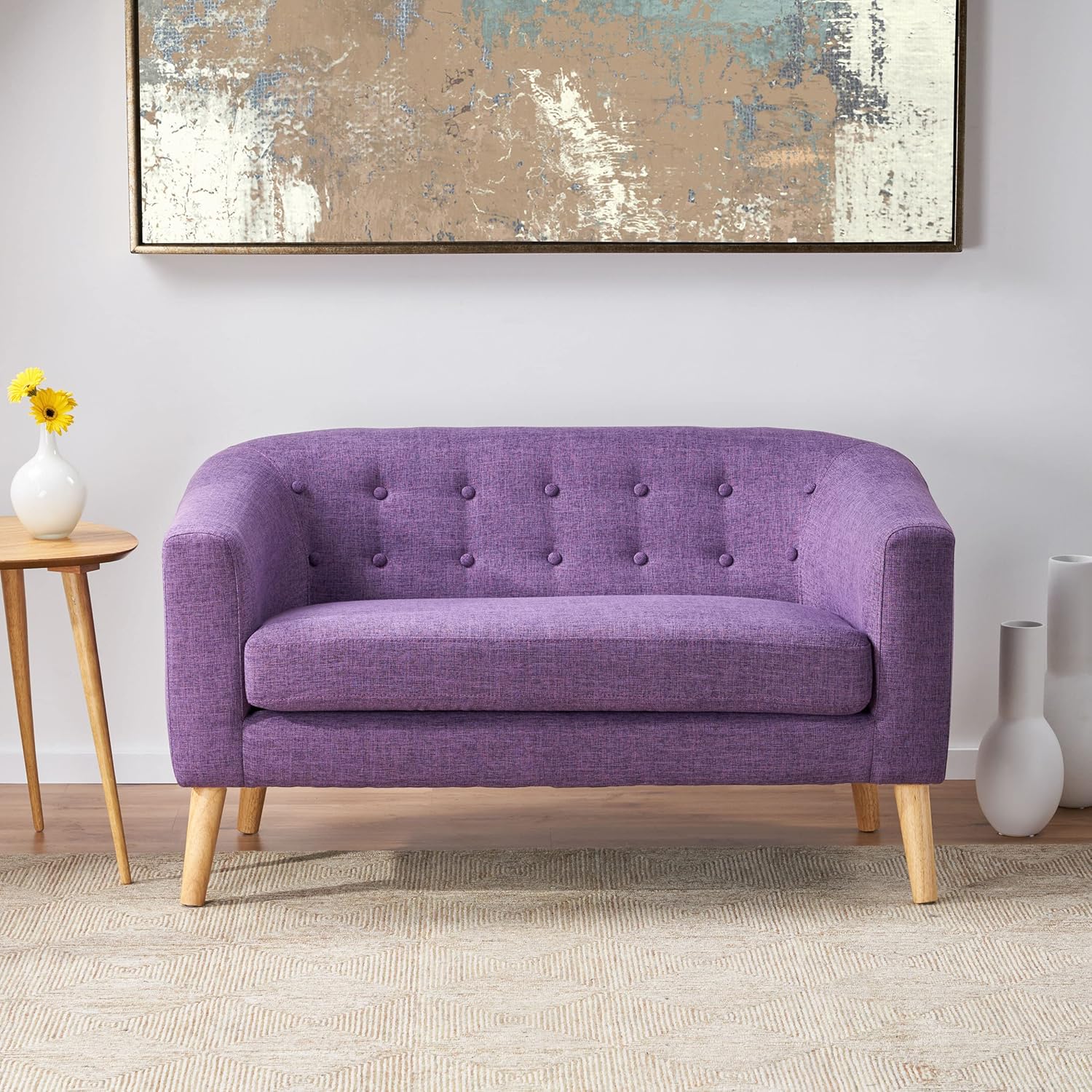 GDFStudio Button Back Mid Century Fabric Modern Loveseat (Muted Purple)