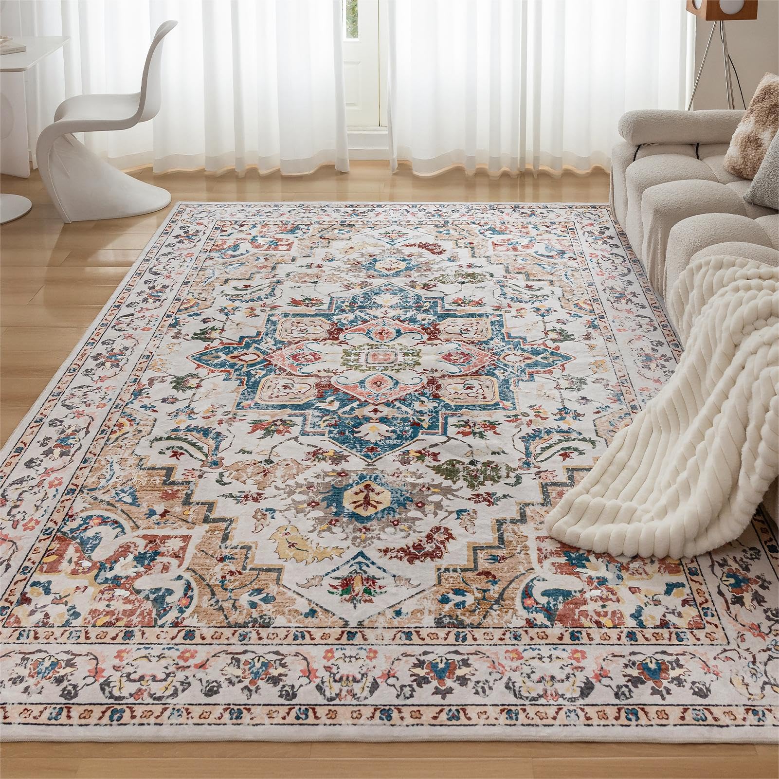 CHOSHOME Machine Washable Rugs for Living Room Large Vintage Area Rugs for Bedroom Short Pile Rugs Non Slip Carpet Traditional Soft Oriental Rug for Kitchen Dining 240X340CM Beige Faux Wool Rug