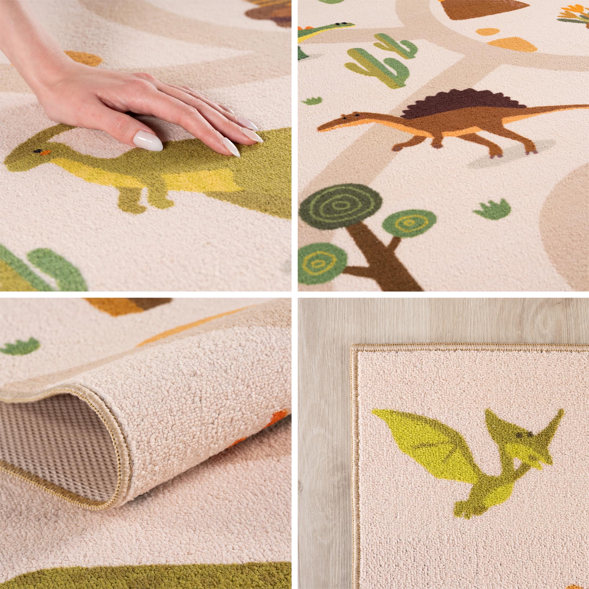 Carpetsale24 Dywan Dzieciecy Dinozaury Dywan do Zabawy do Pokoju Dzieciecego w Kolorze Beżowym Motyw Dino z Drogami rozmiar 120x170 cm idealny jako dywan do zabawy
