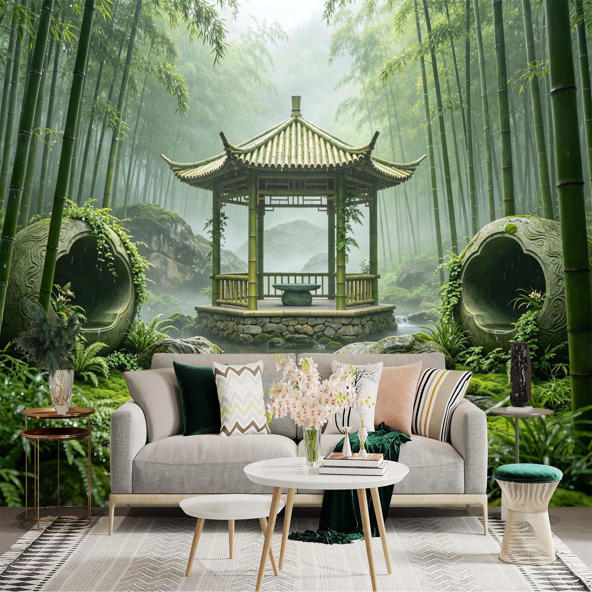 Custom Size Wall Sticker Mural， Bamboo Forest with Zen Pavilion and Flowing Stream， for wall Decoration， peelandstick wall Decals.