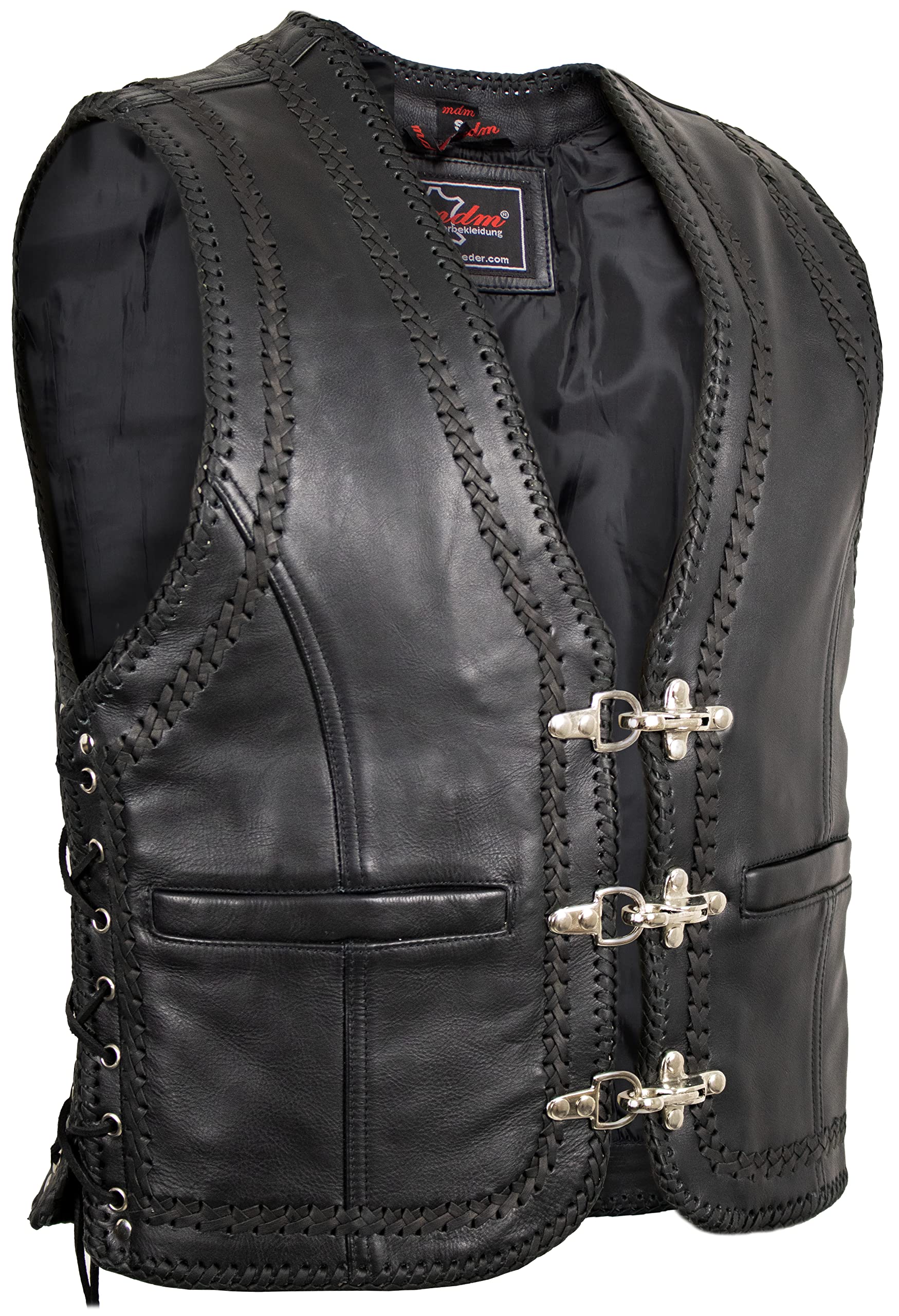 MDM Gilet Uomo in Vera Pelle Nera con Fibbie Cromate – Gilet Moto Biker Club Style in Pelle Bovino 1,2 mm, Laterali Regolabili e Cuciture Intrecciate
