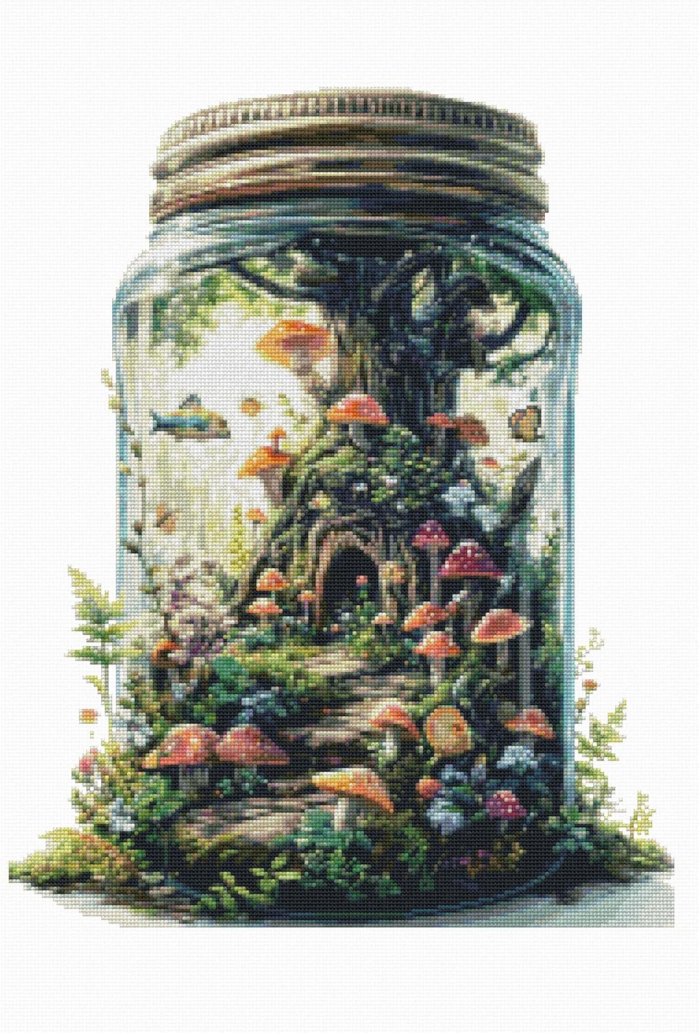 Moohue Stamped Cross Stitch Kits for Adults Mushroom Bottle 14CT Pre Printed Cross Stitch Kits for Beginners (Mushroom Trees in a Bottle)