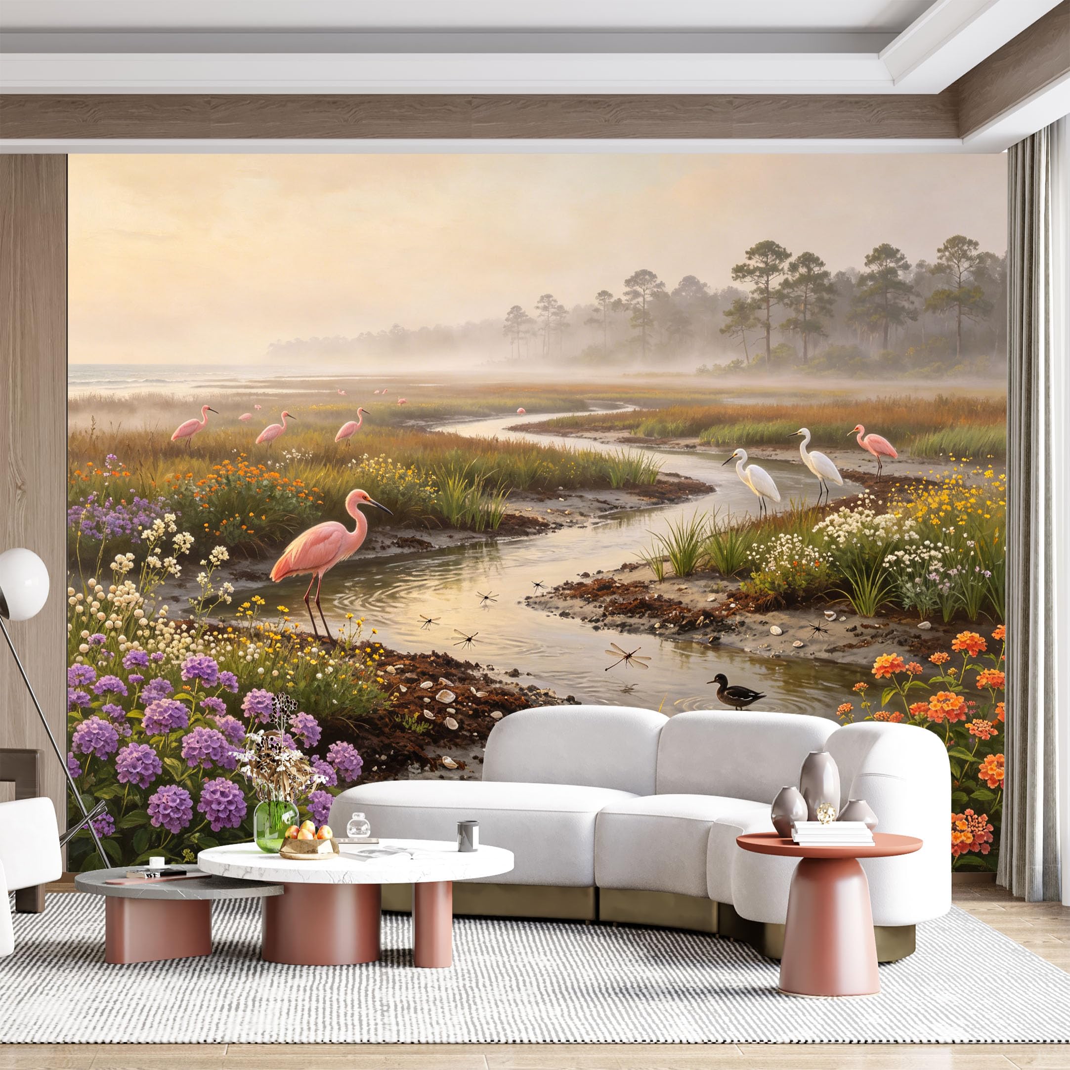 Custom Size Wall Mural Pink Bird Heron Wetland Floral Landscape Watercolor SelfAdhesive Wall Fabric Removable for Home Office Decor