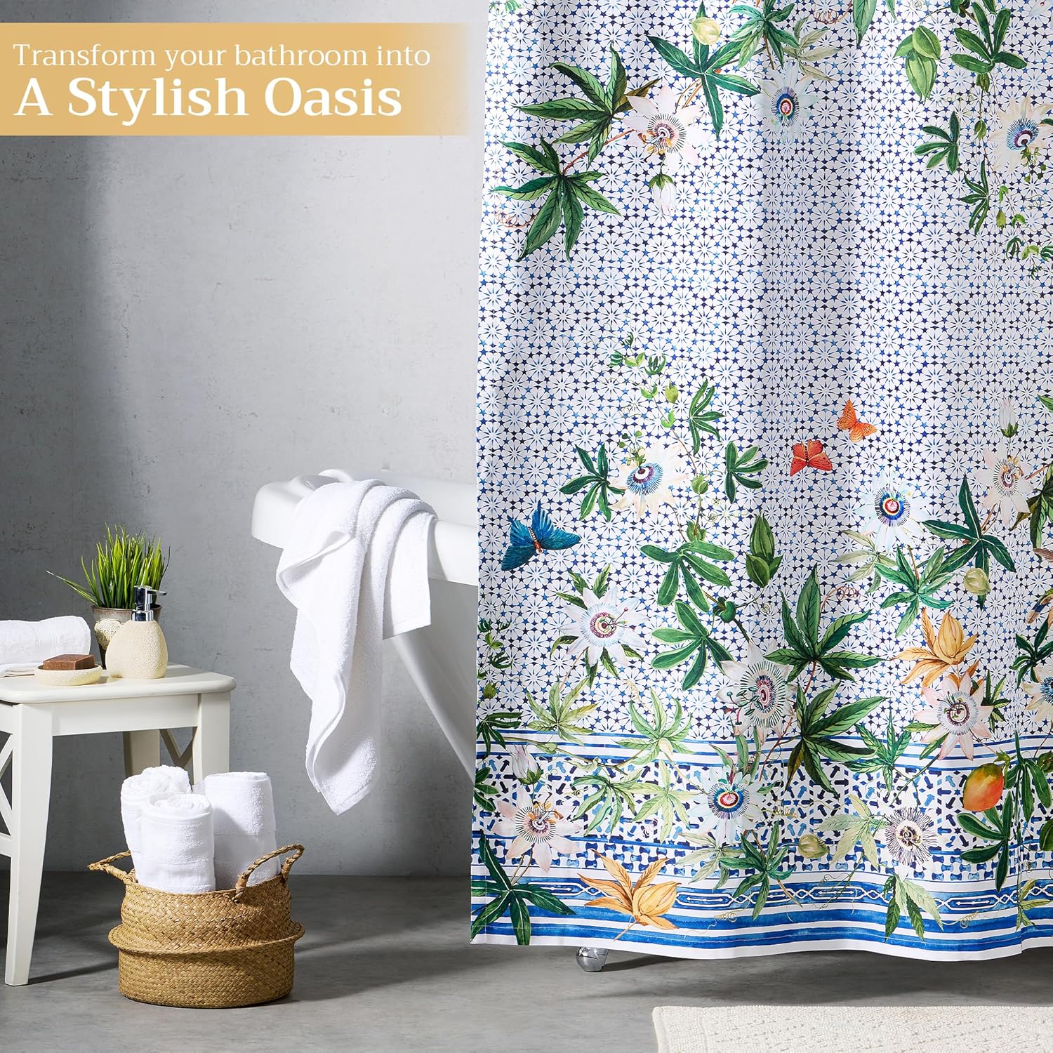 Maison d' Hermine Shower Curtain 100% Cotton One Panel 70"x72" Washable Fabric Shower Curtains for Bathroom, Easy Hanging with 12 Button Holes - Home Hotel Spa Gifts for Mothers Day (Passiflora)