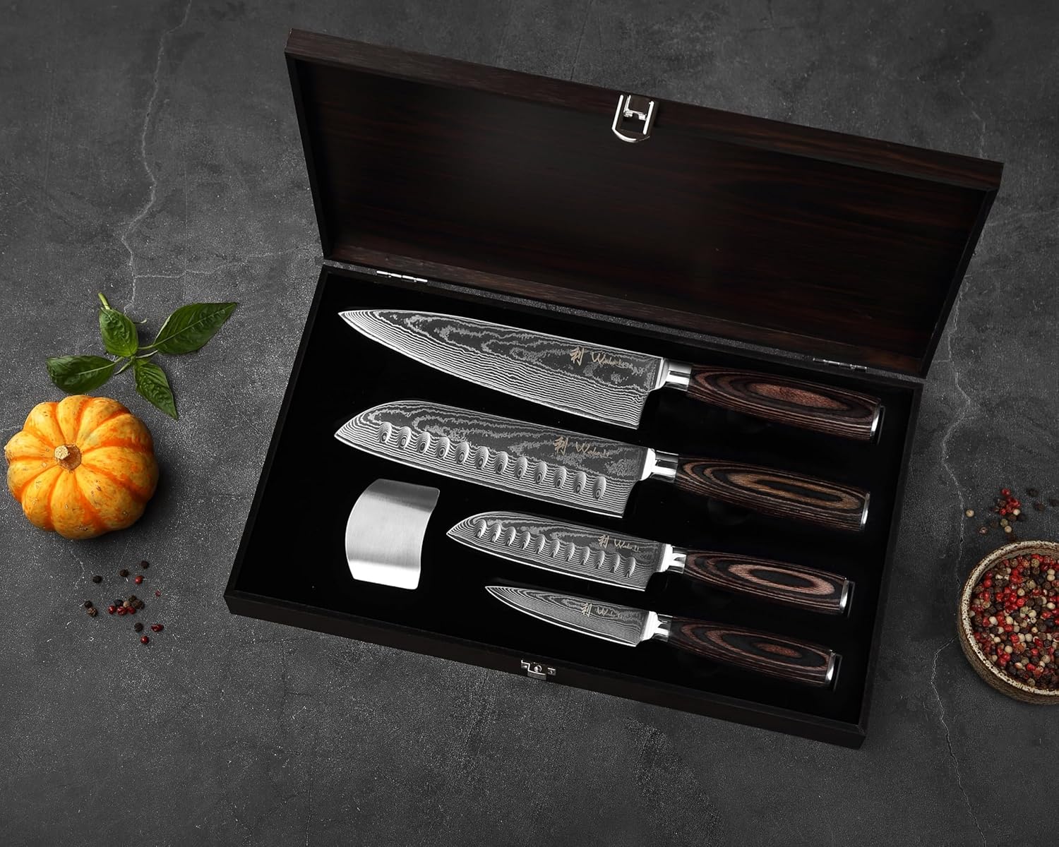 Wakoli EDIB Essentials 4-Piece Damascus Knife Set – Professional Kitchen Knives with VG10 Core, 67-Layer Damascus Steel Blades – Santoku, Chef, Small Santoku & Paring Knife with Pakkawood Handles