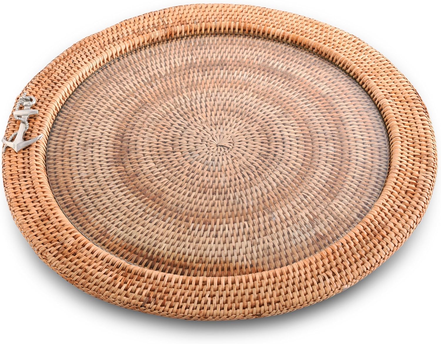 Vagabond House Round Basket Tray - Hand Woven Wicker Rattan Tray Round Trays with Glass Insert, Pewter Anchor, Lightweight, Natural, Food Safe Rattan Tray Round for Beach Home 19 Inches