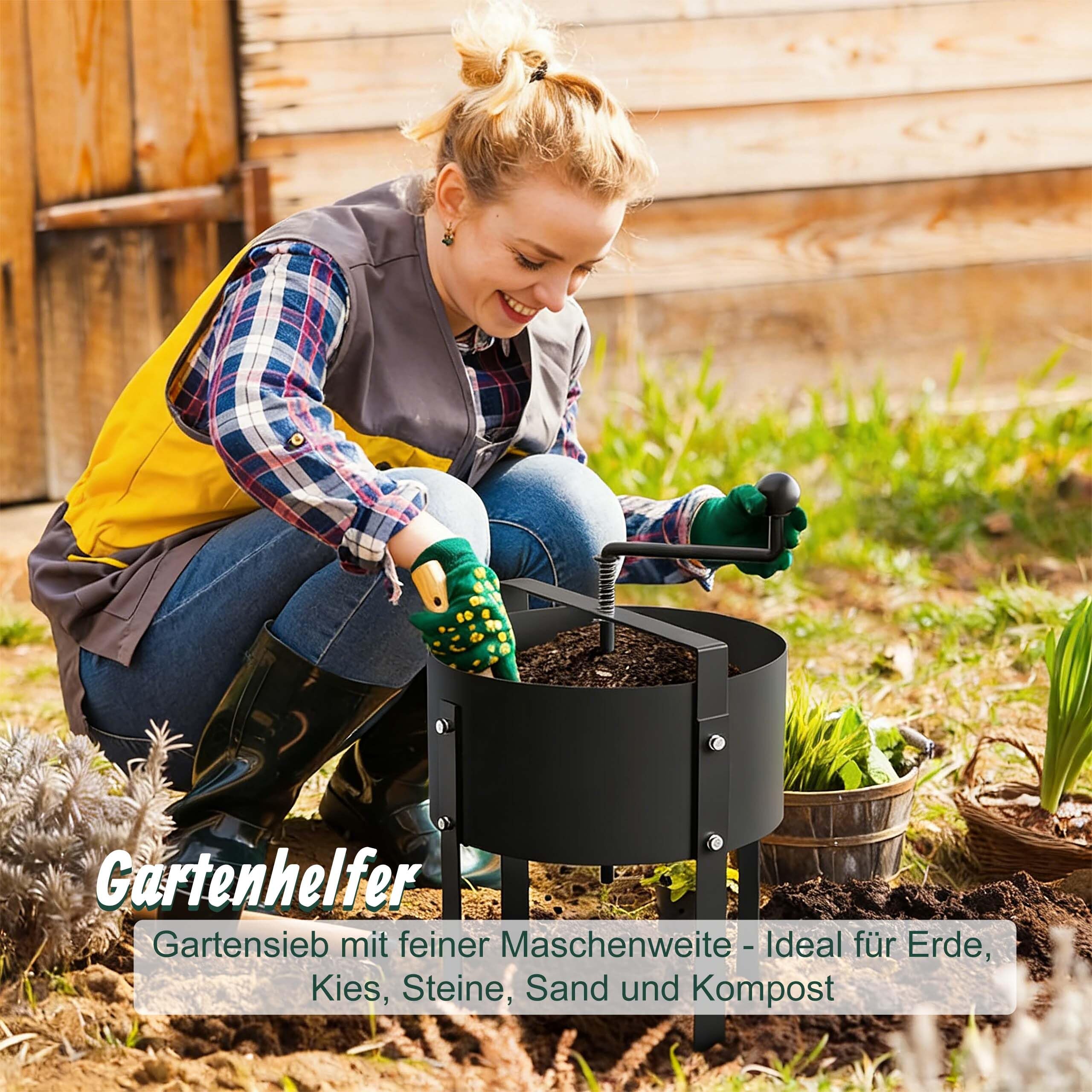 Relaxdays Gartensieb, Handkurbel, Ø 40 cm, Erde, Steine, Sand, Stahl, stehend, feinmaschiges Kompostsieb, schwarz