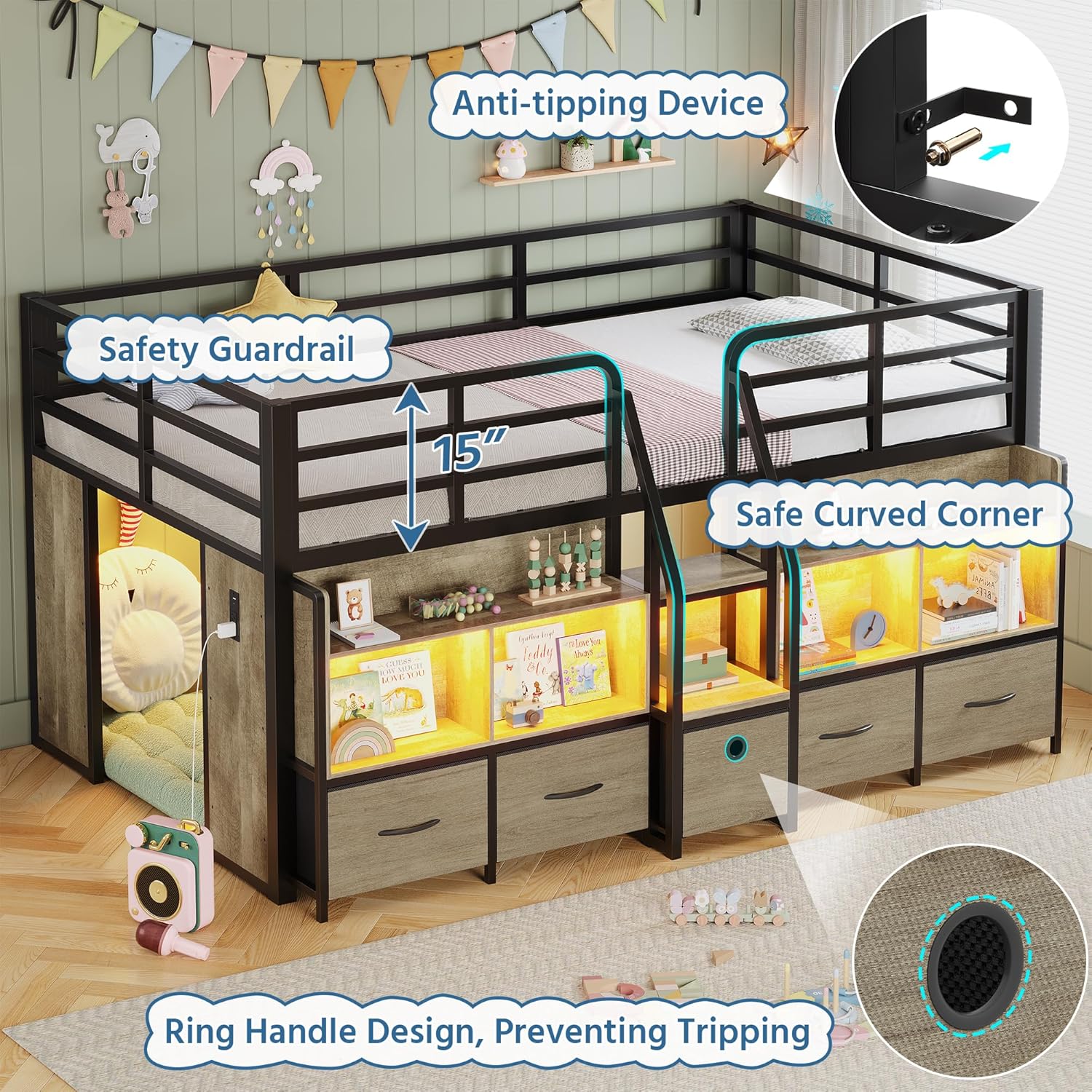 Twin Loft Bed, Low Loft Bed Twin with 5 Drawers, 6 Storage Bookcase & Under-Bed Play Space, Loft Beds for Kids with LED Lights & Charging Station, 15" H Safety Guardrails, Oak Gray