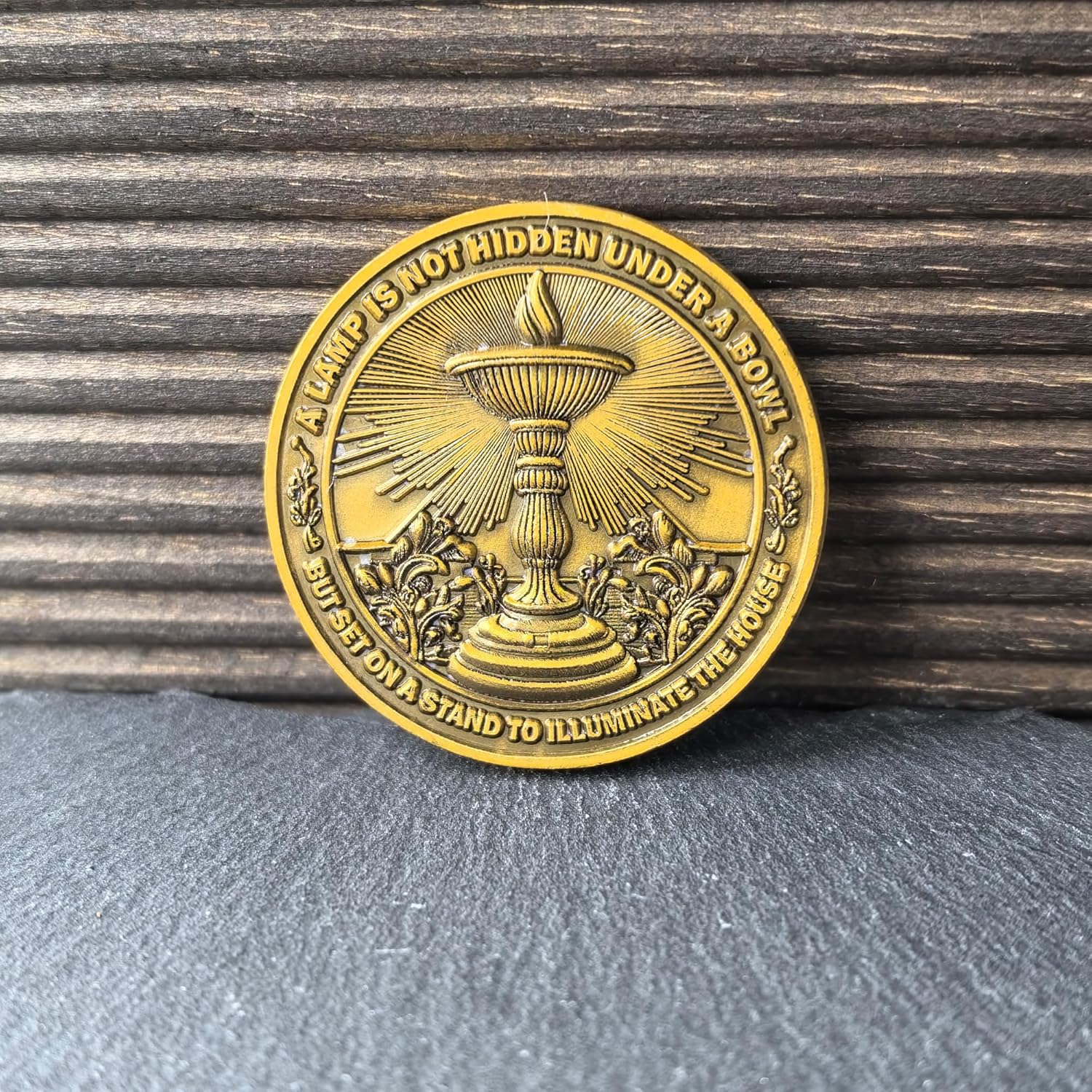 Matthew 5:15 Lamp High Relief Challenge Coin - A Lamp is Not Hidden Scripture Token, Antique Gold Religious Collectible for Christian Faith & Light (1.57")