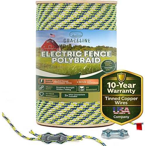 Electric Fence Polybraid 1/4" Rope 1000Ft (305m) - 6 x Tinned Copper Strands for Superior Shock - Heavy Duty Polyrope Braided - Premium Horse Wire Fencing Highly Visible - UV Rust Corrosion Resistant
