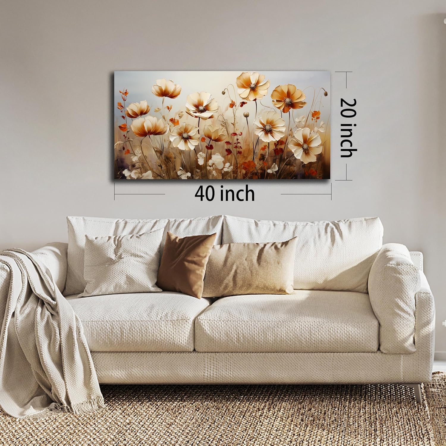 DNIEOTU Flower Wall Art for Living Room, Floral Canvas Wall-Decor for Bedroom, Beige and Brown Picture Prints for Hallway Office, Size 40 x 20 Inches