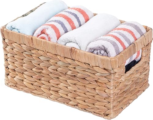 Cesta rectangular de mimbre de jacinto de agua tejida natural con asas, pequeña